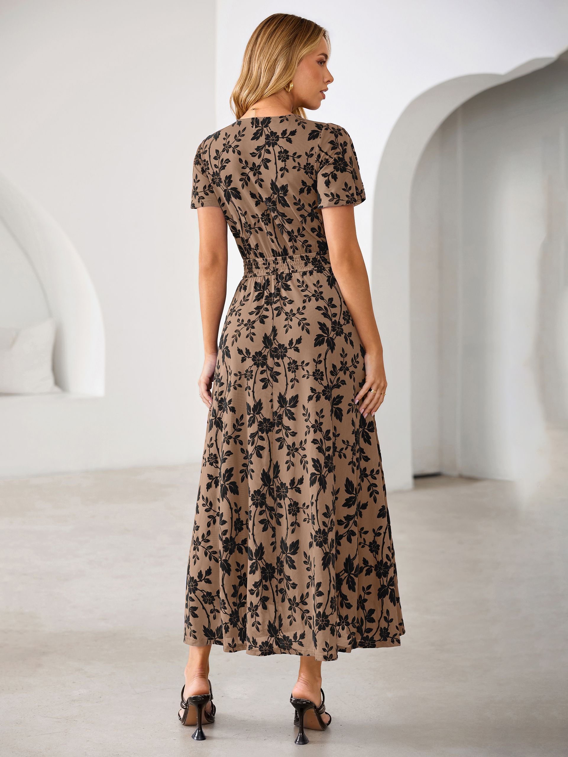 Flocked Floral V Neck Mesh Smocked Maxi Dress