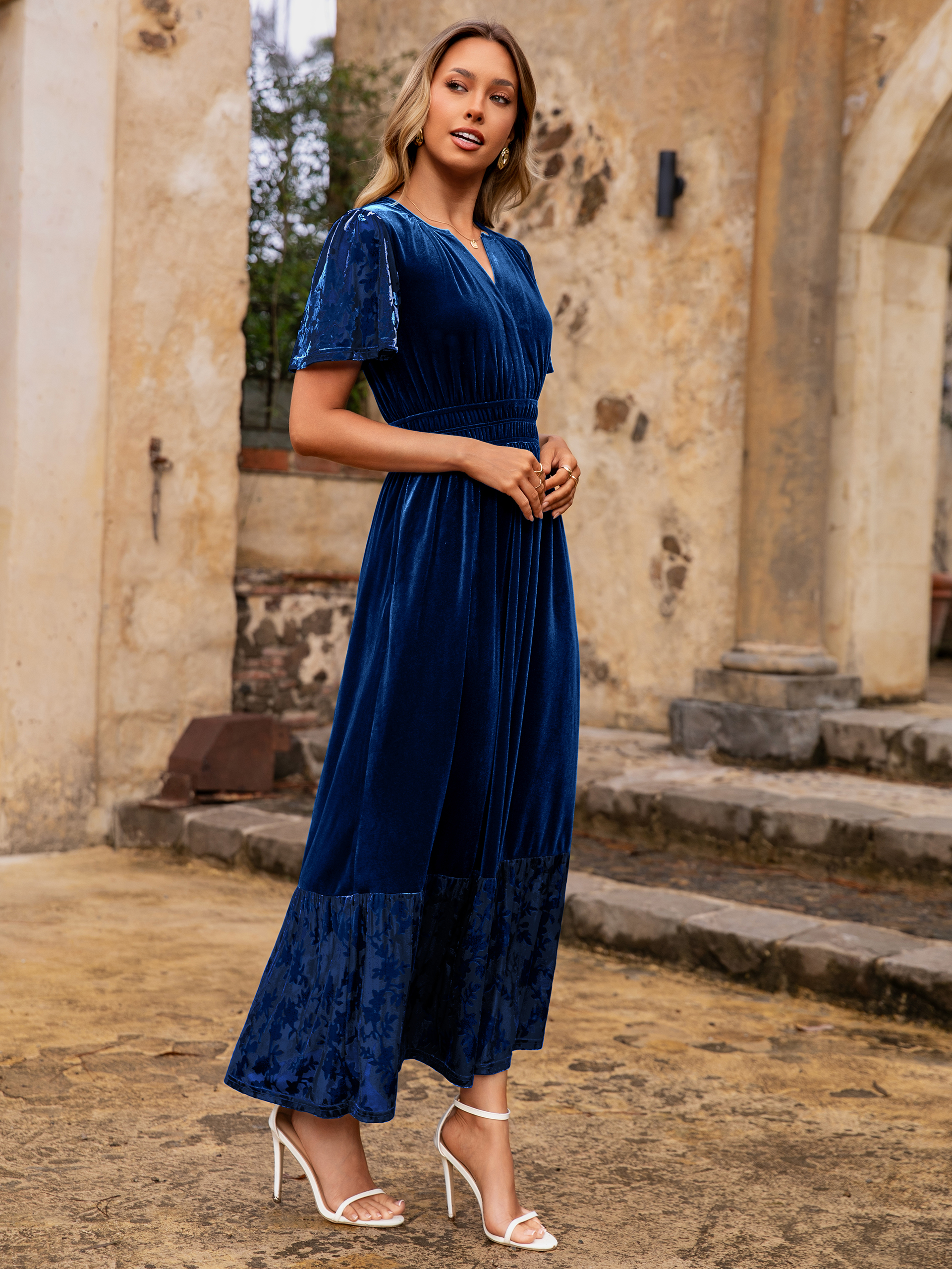 Velvet Floral Burnout V Neck Maxi Dress