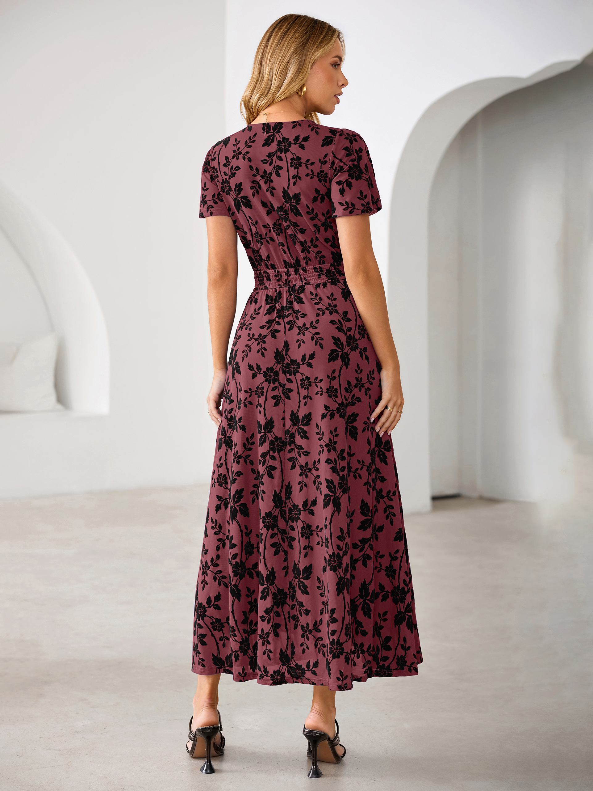Flocked Floral V Neck Mesh Smocked Maxi Dress
