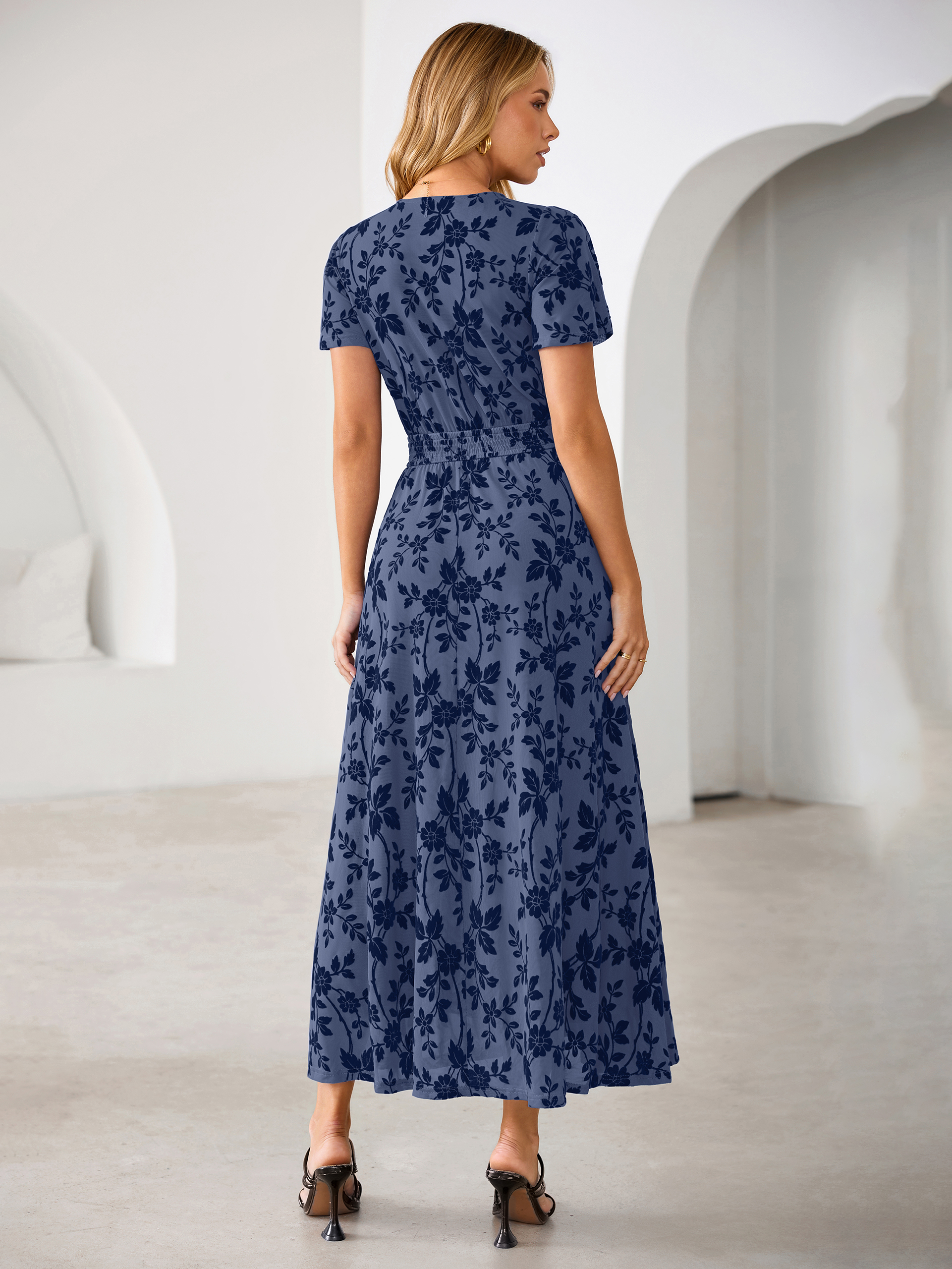Flocked Floral V Neck Mesh Smocked Maxi Dress