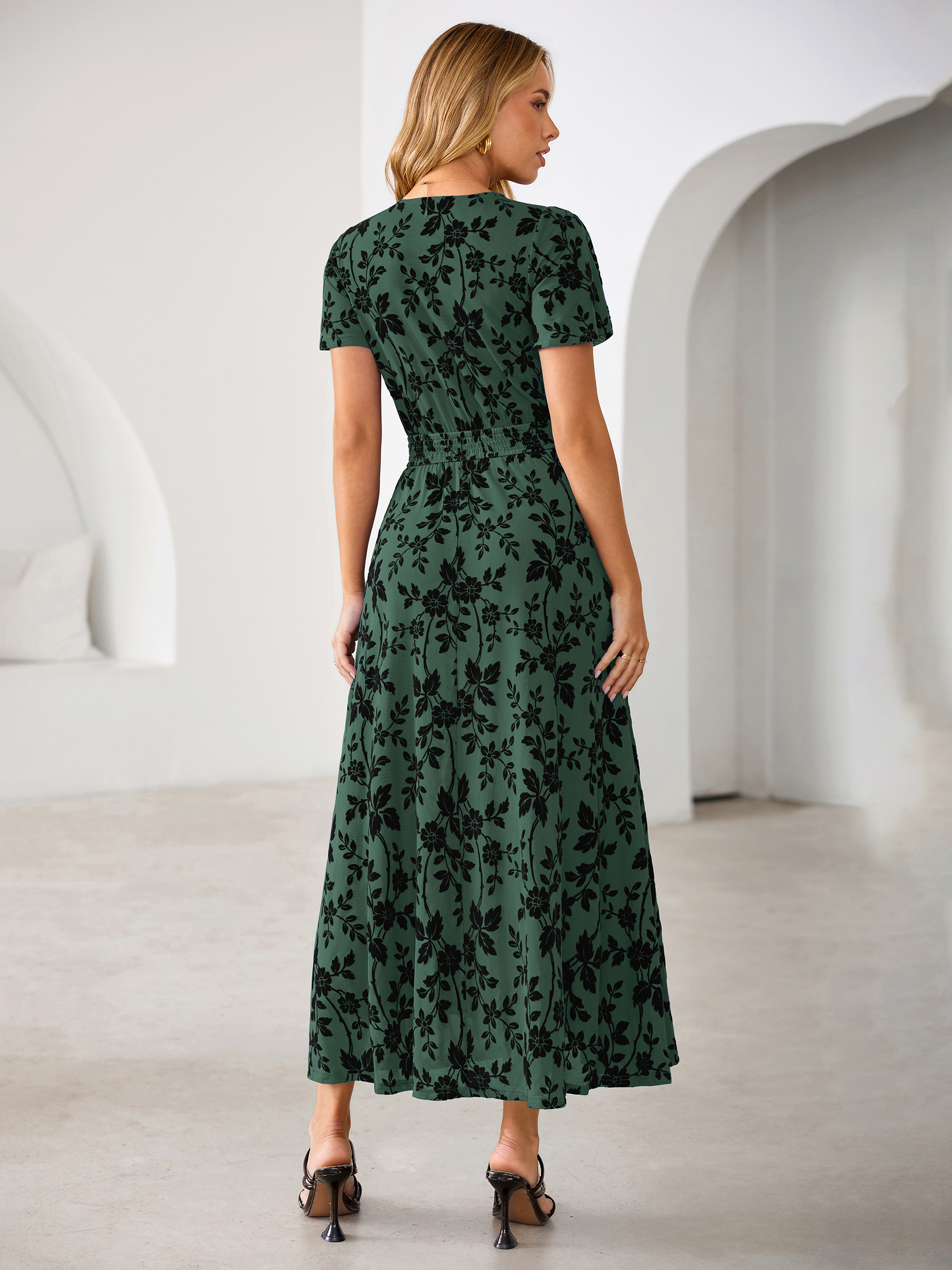 Flocked Floral V Neck Mesh Smocked Maxi Dress