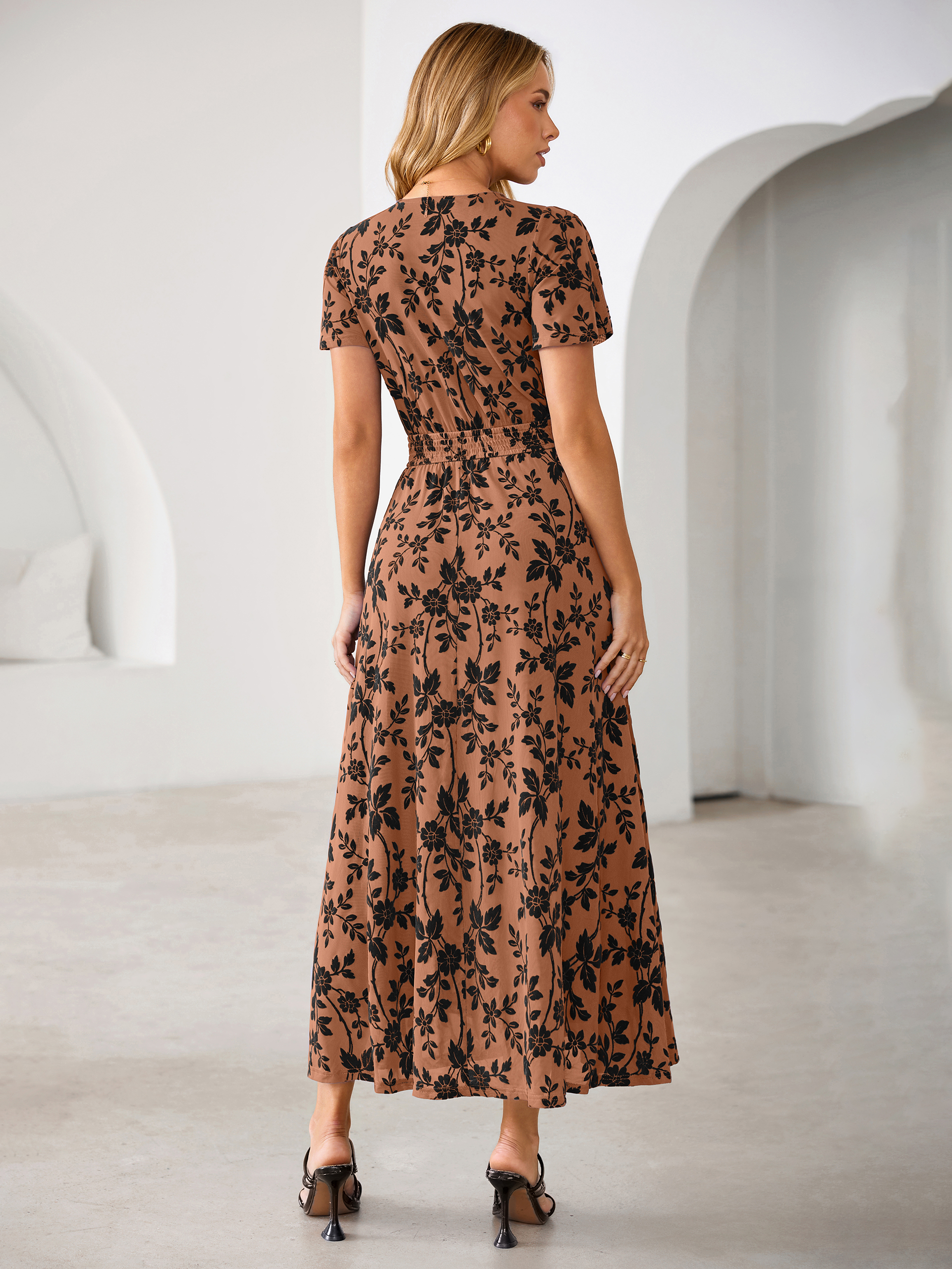 Flocked Floral V Neck Mesh Smocked Maxi Dress