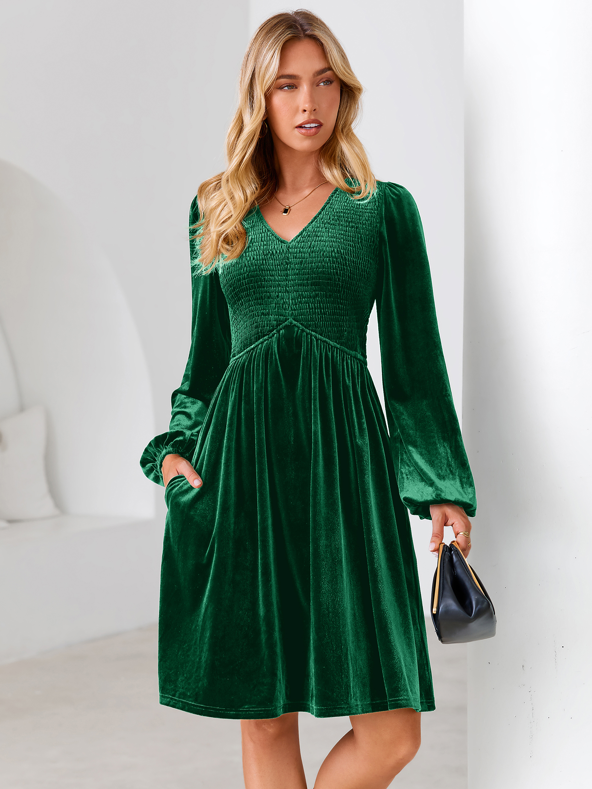 Velvet Smocked Bodice V Neck Long Sleeve Mini Dress