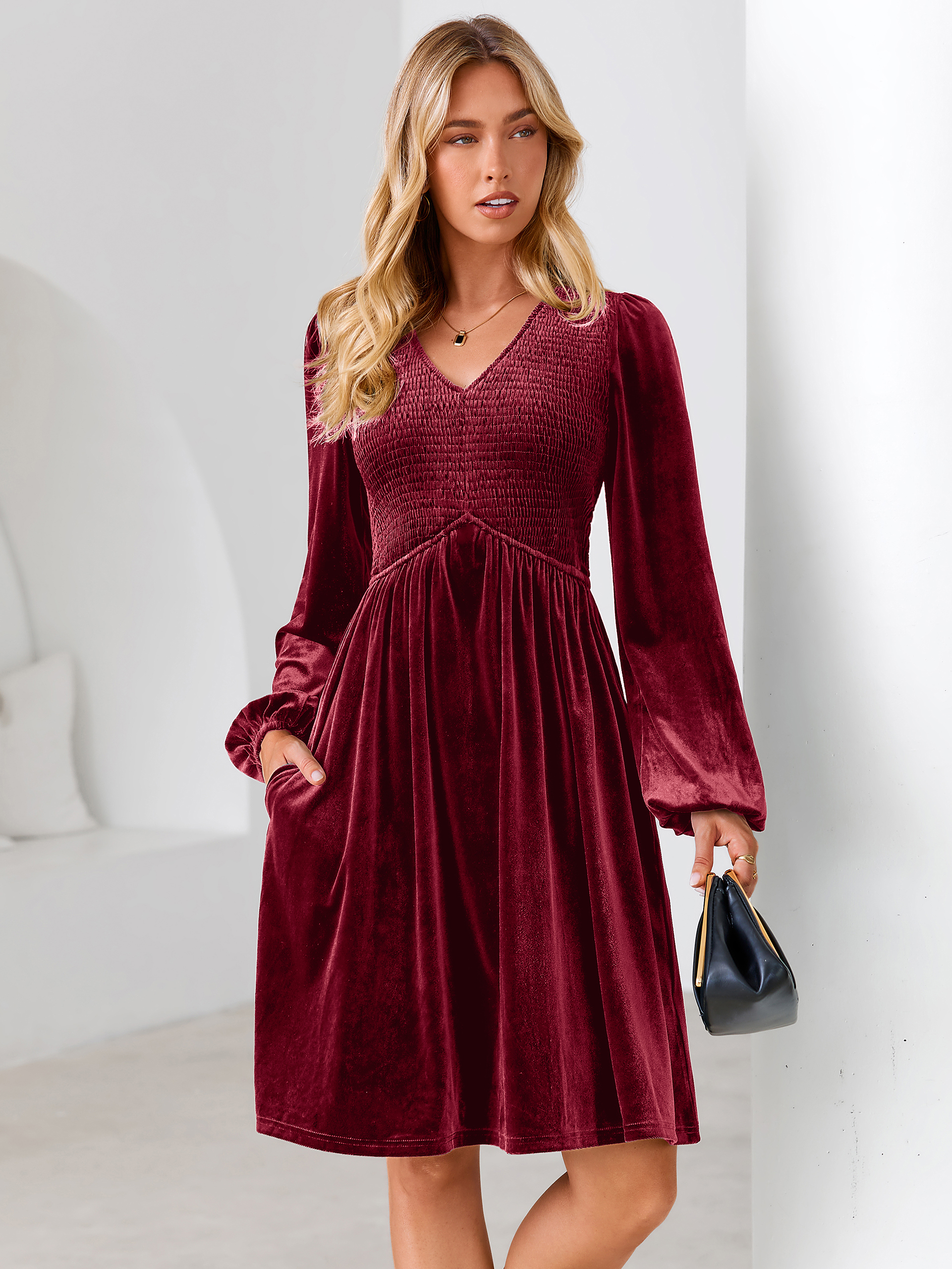 Velvet Smocked Bodice V Neck Long Sleeve Mini Dress