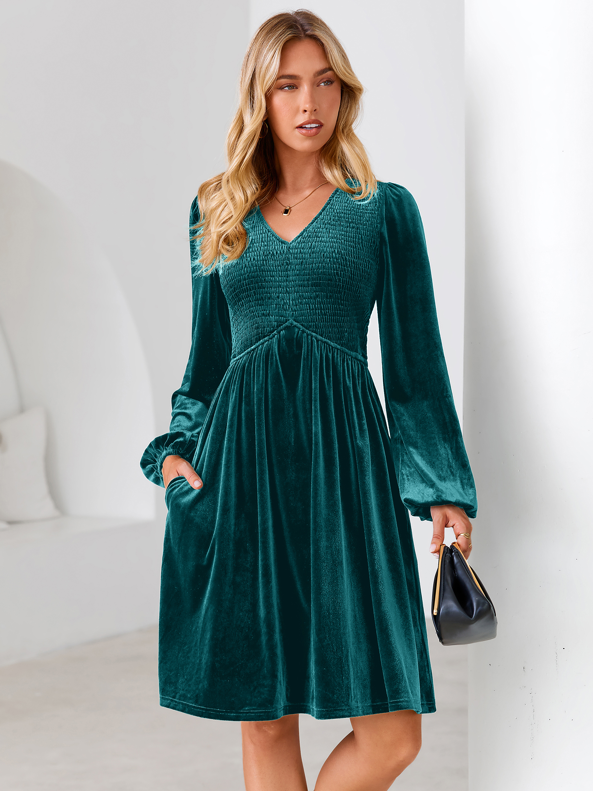Velvet Smocked Bodice V Neck Long Sleeve Mini Dress
