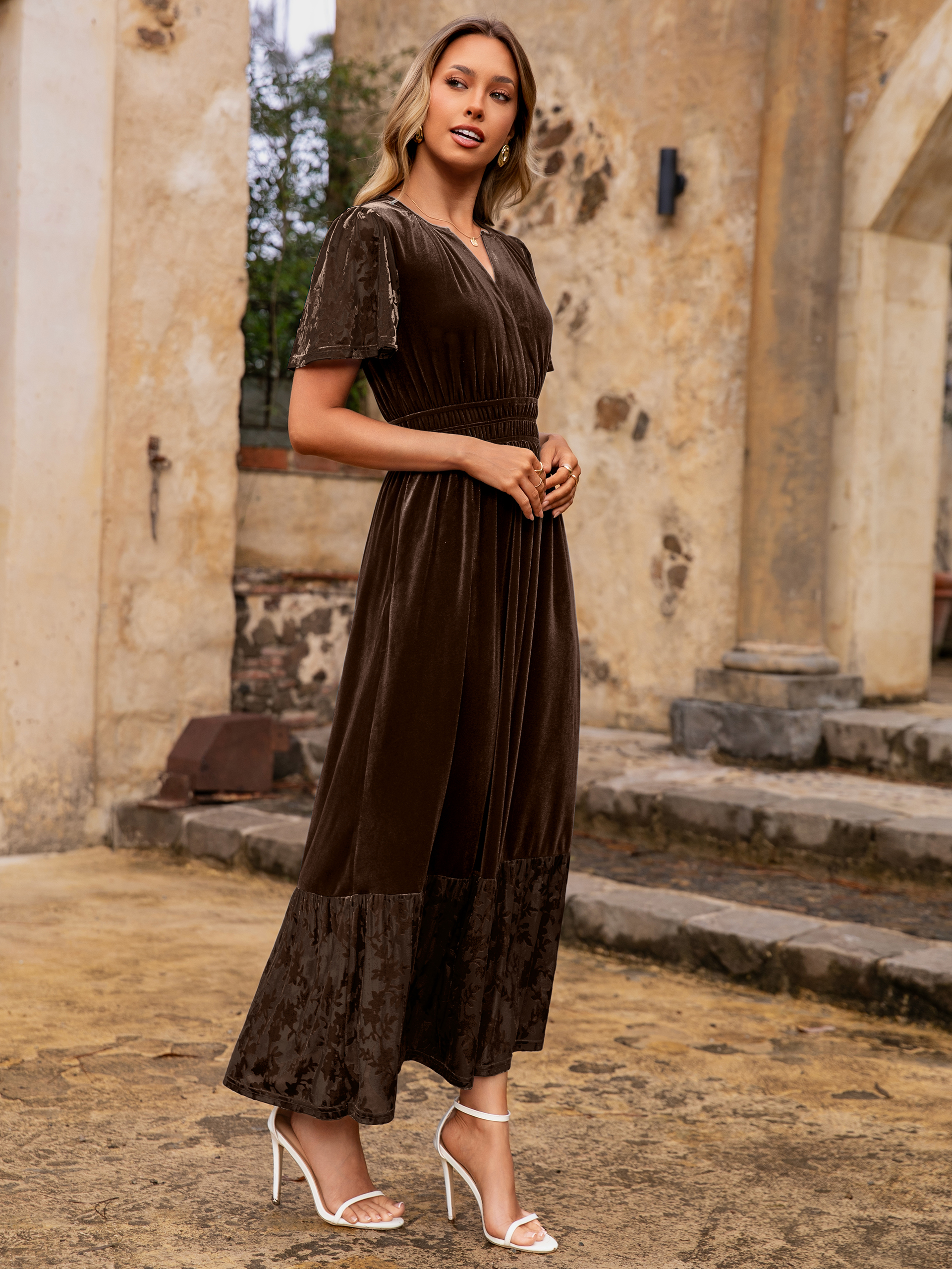 Velvet Floral Burnout V Neck Maxi Dress