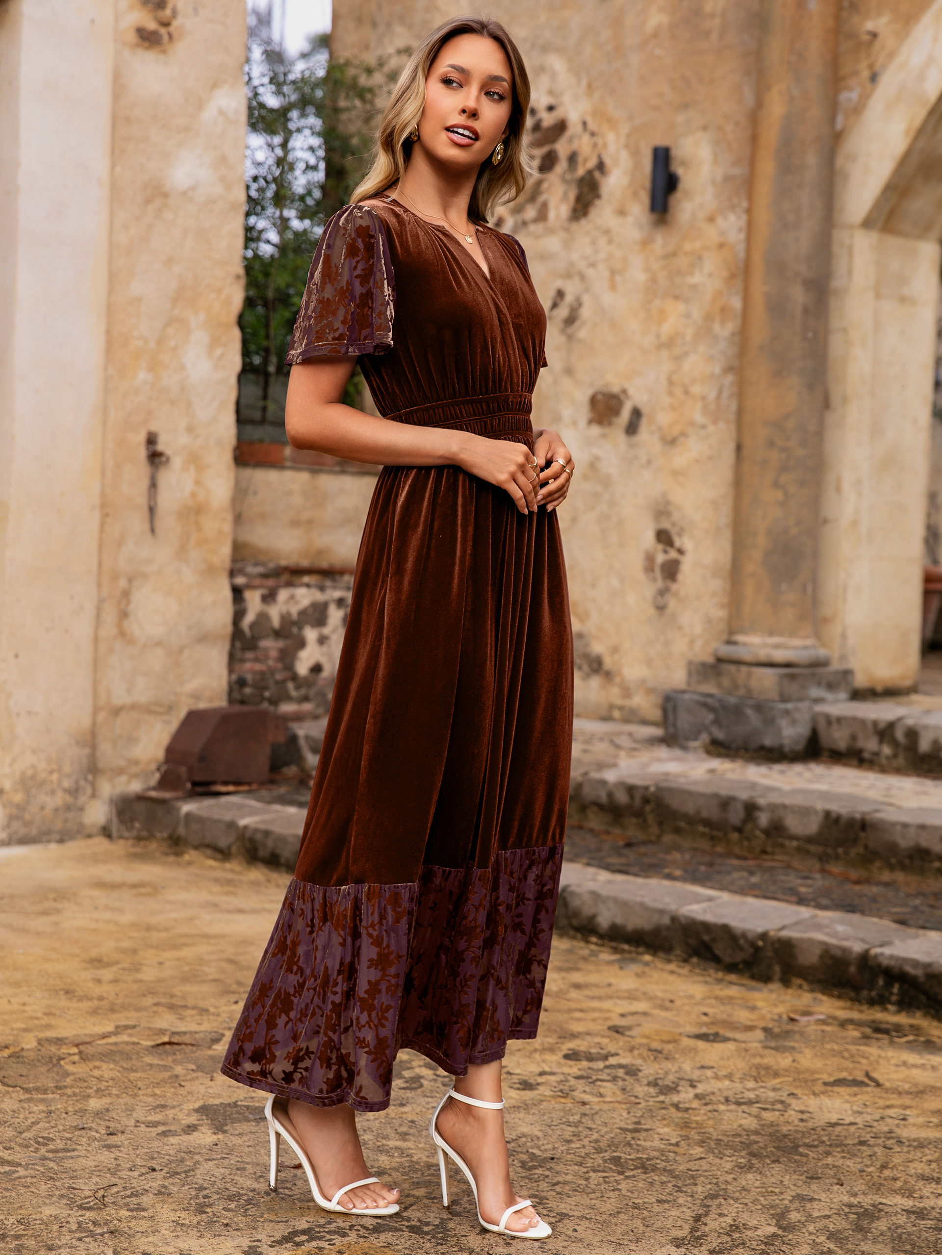 Velvet Floral Burnout V Neck Maxi Dress