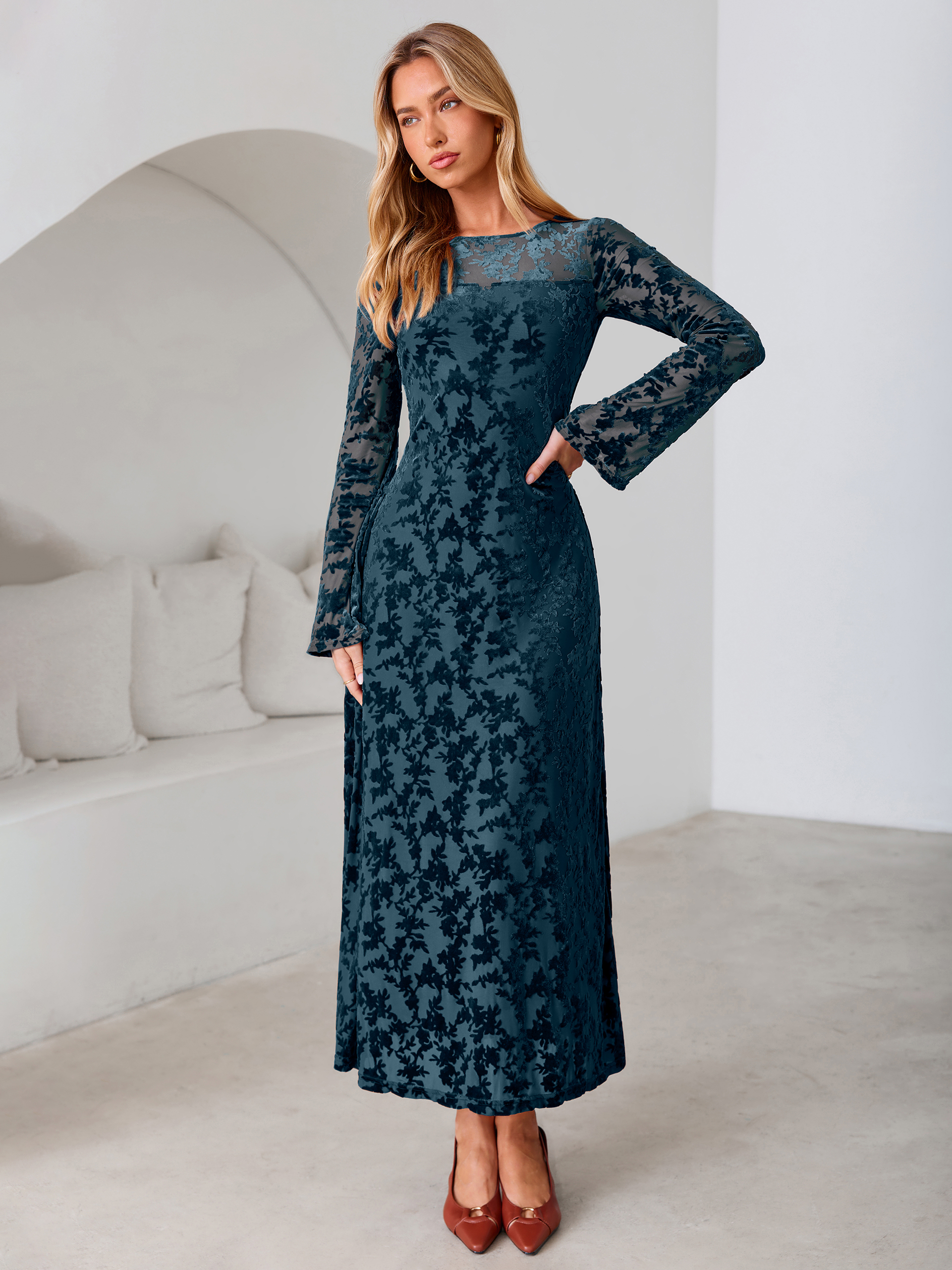 Floral Burnout Velvet Mesh Long Sleeve Maxi Dress