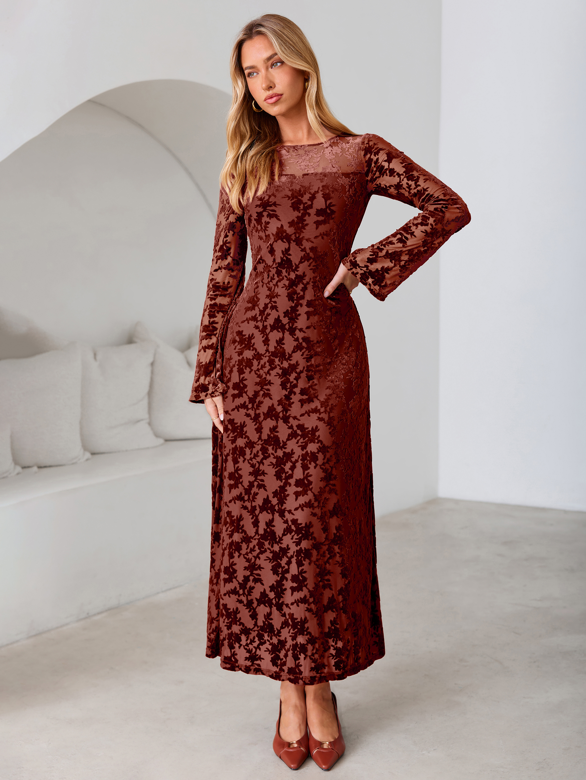 Floral Burnout Velvet Mesh Long Sleeve Maxi Dress