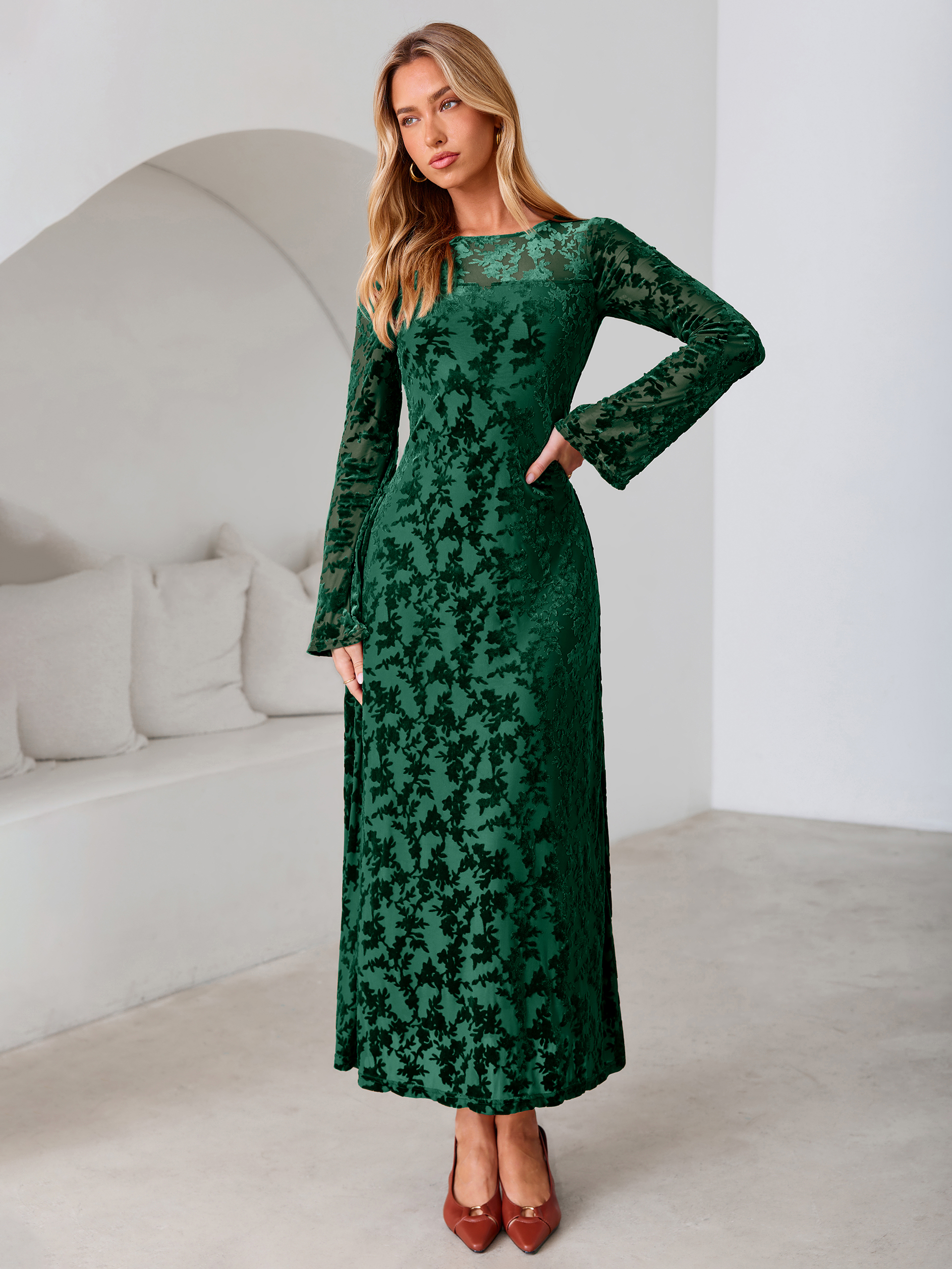 Floral Burnout Velvet Mesh Long Sleeve Maxi Dress