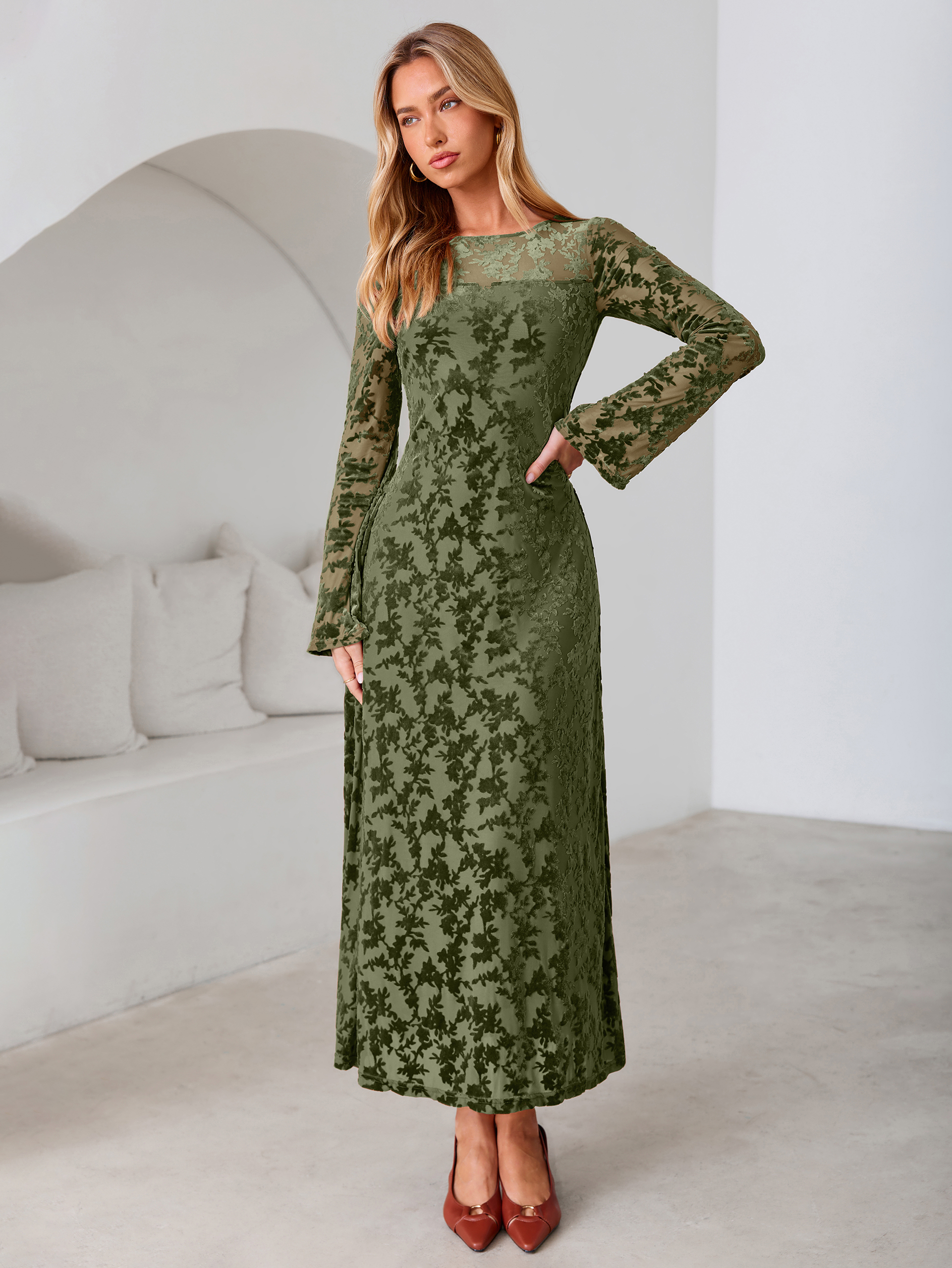 Floral Burnout Velvet Mesh Long Sleeve Maxi Dress