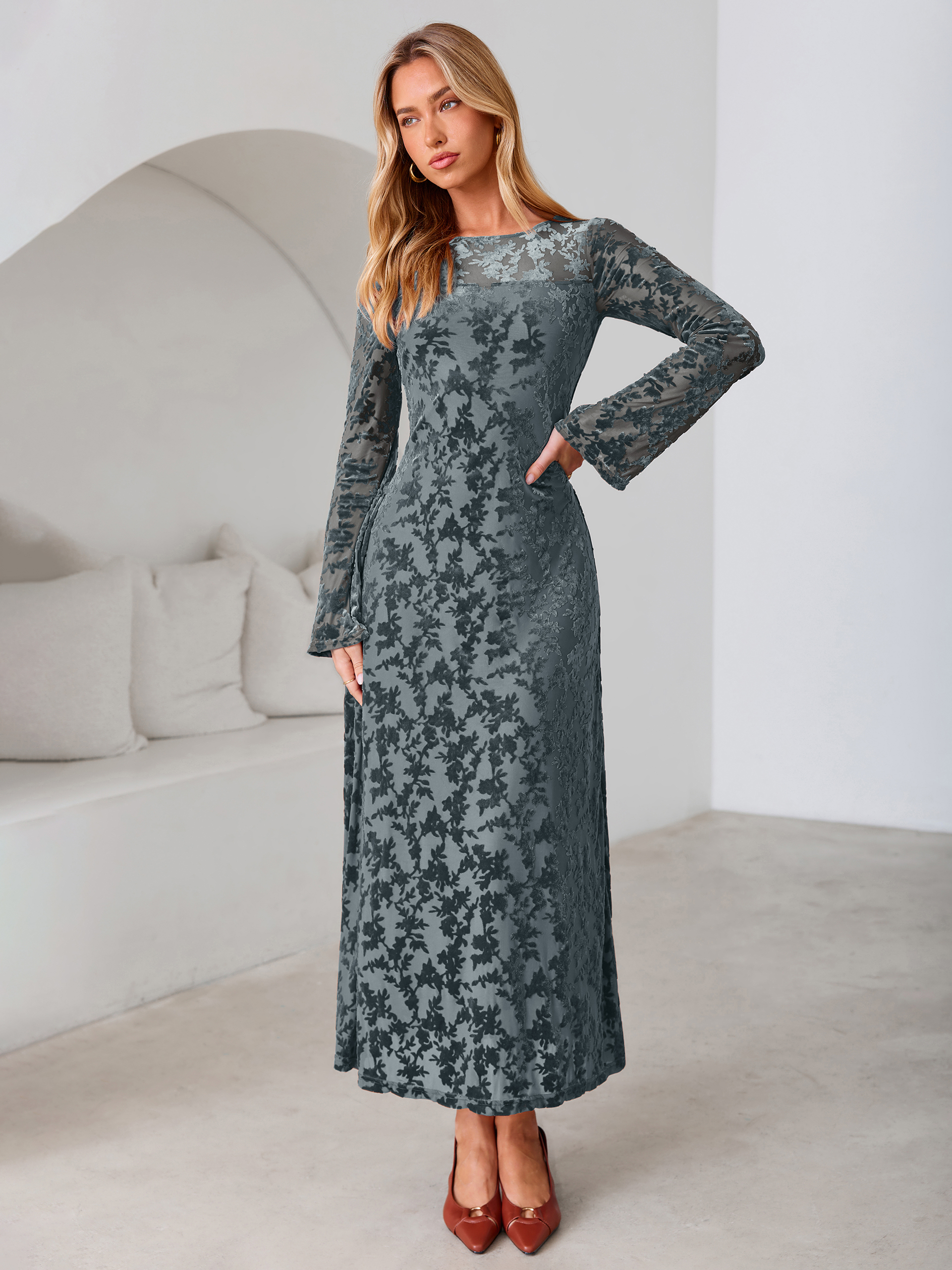 Floral Burnout Velvet Mesh Long Sleeve Maxi Dress