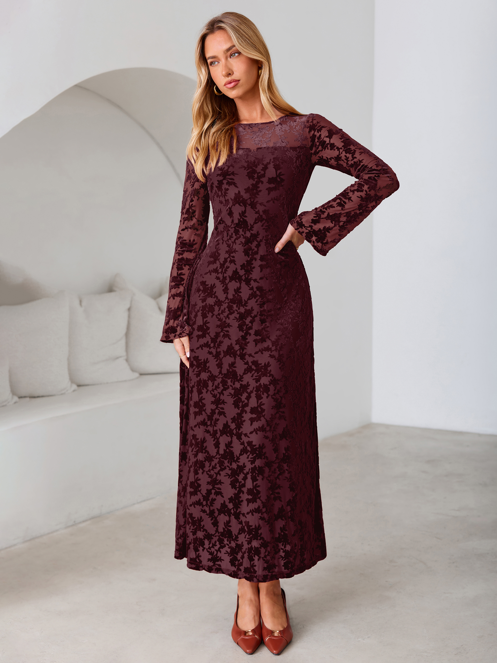 Floral Burnout Velvet Mesh Long Sleeve Maxi Dress