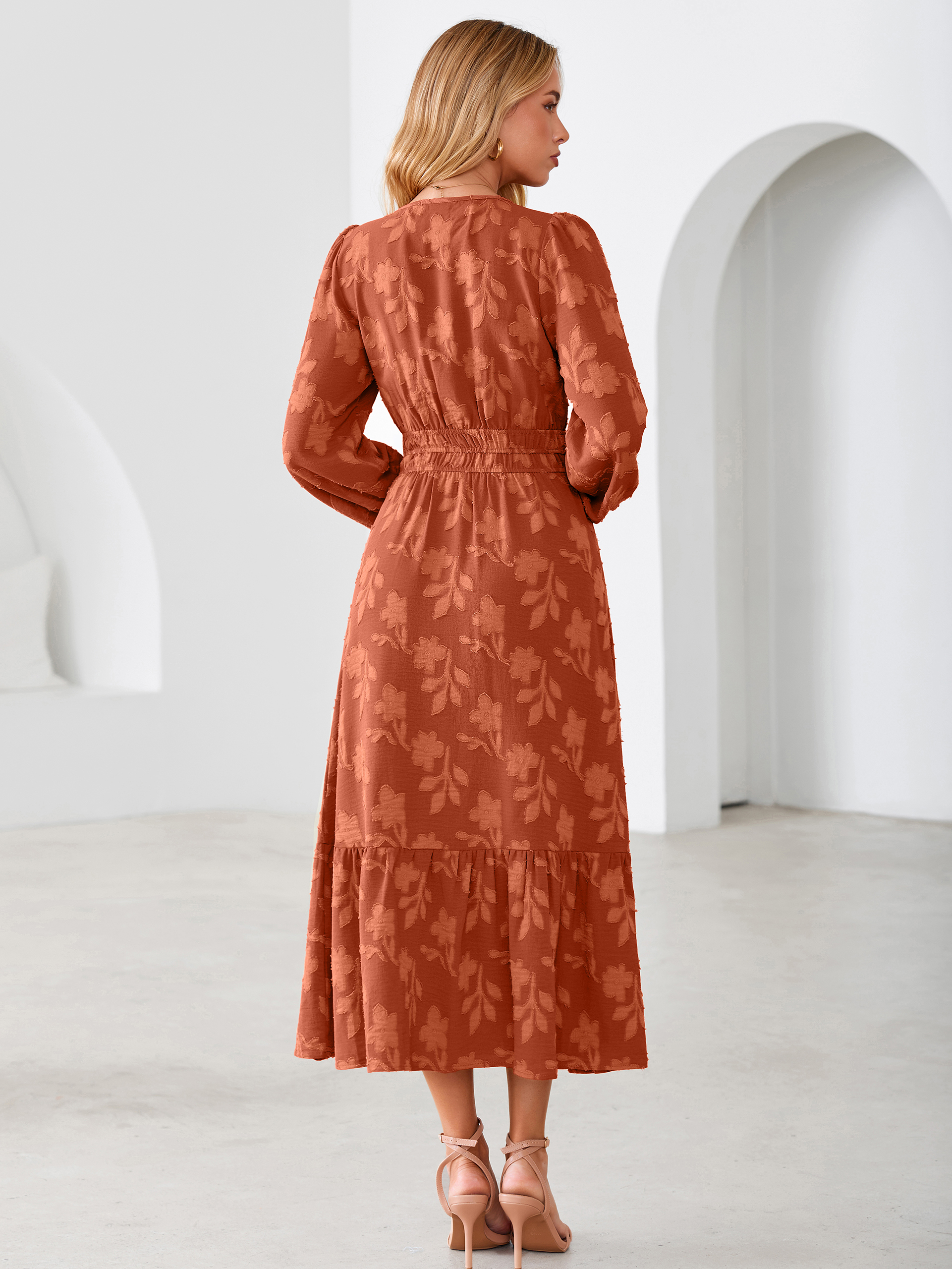Floral Burnout V Neck Long Sleeve Maxi Dress