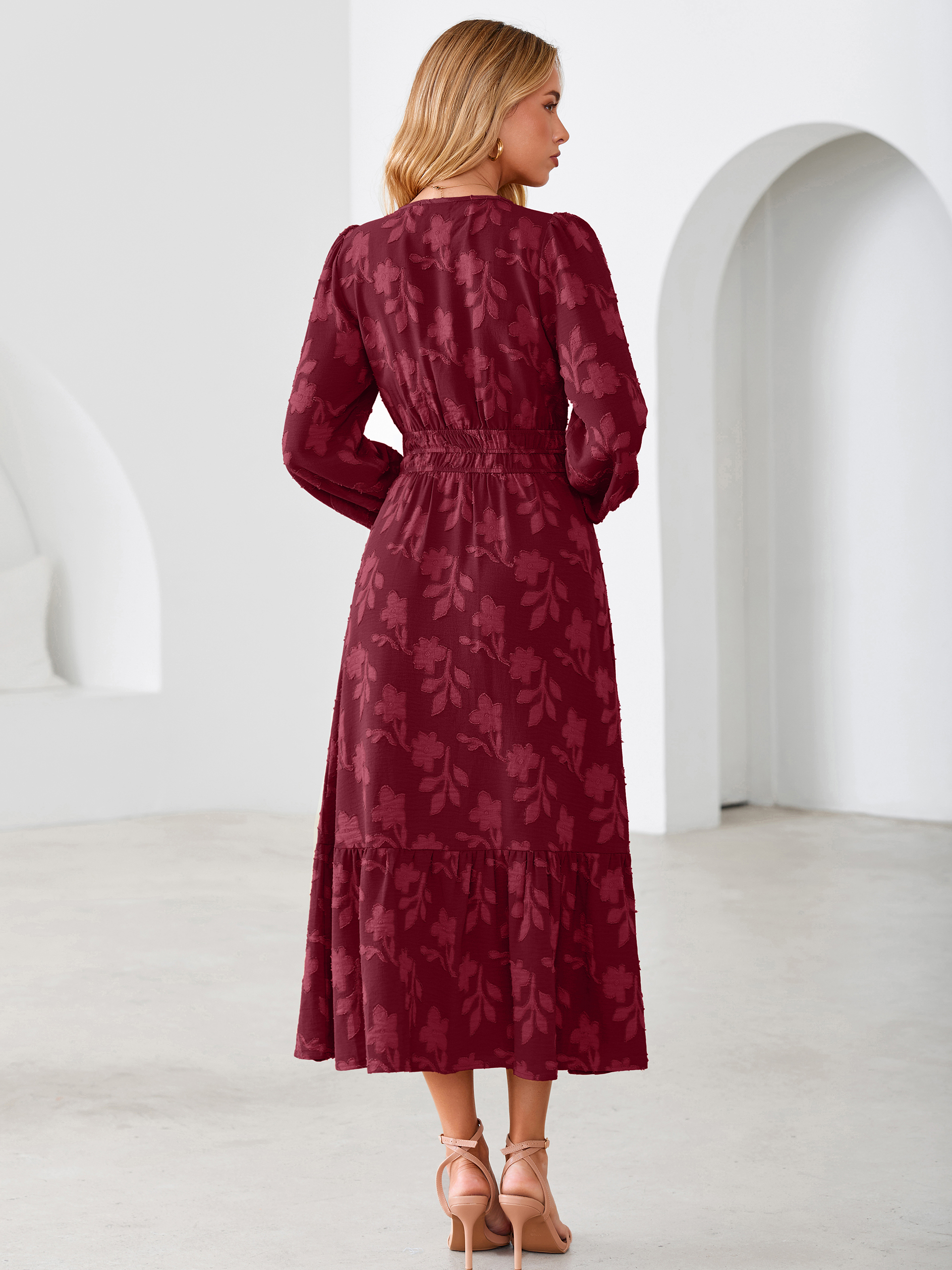 Floral Burnout V Neck Long Sleeve Maxi Dress