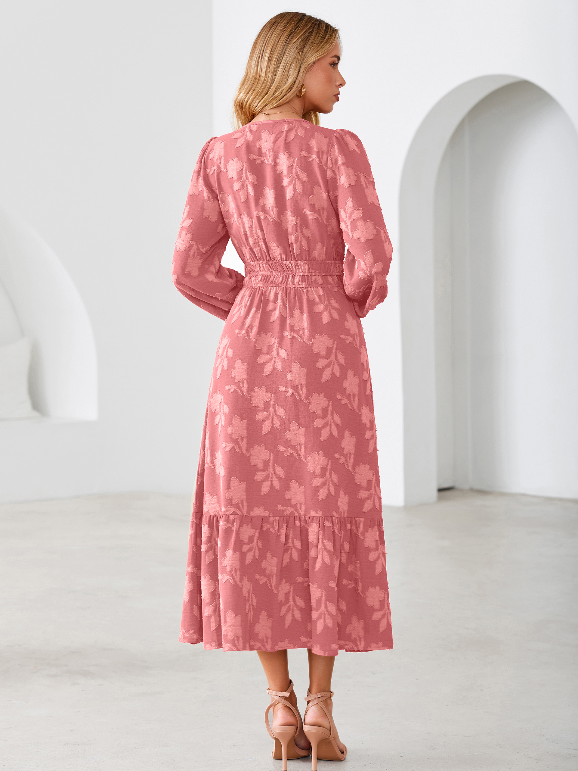 Floral Burnout V Neck Long Sleeve Maxi Dress
