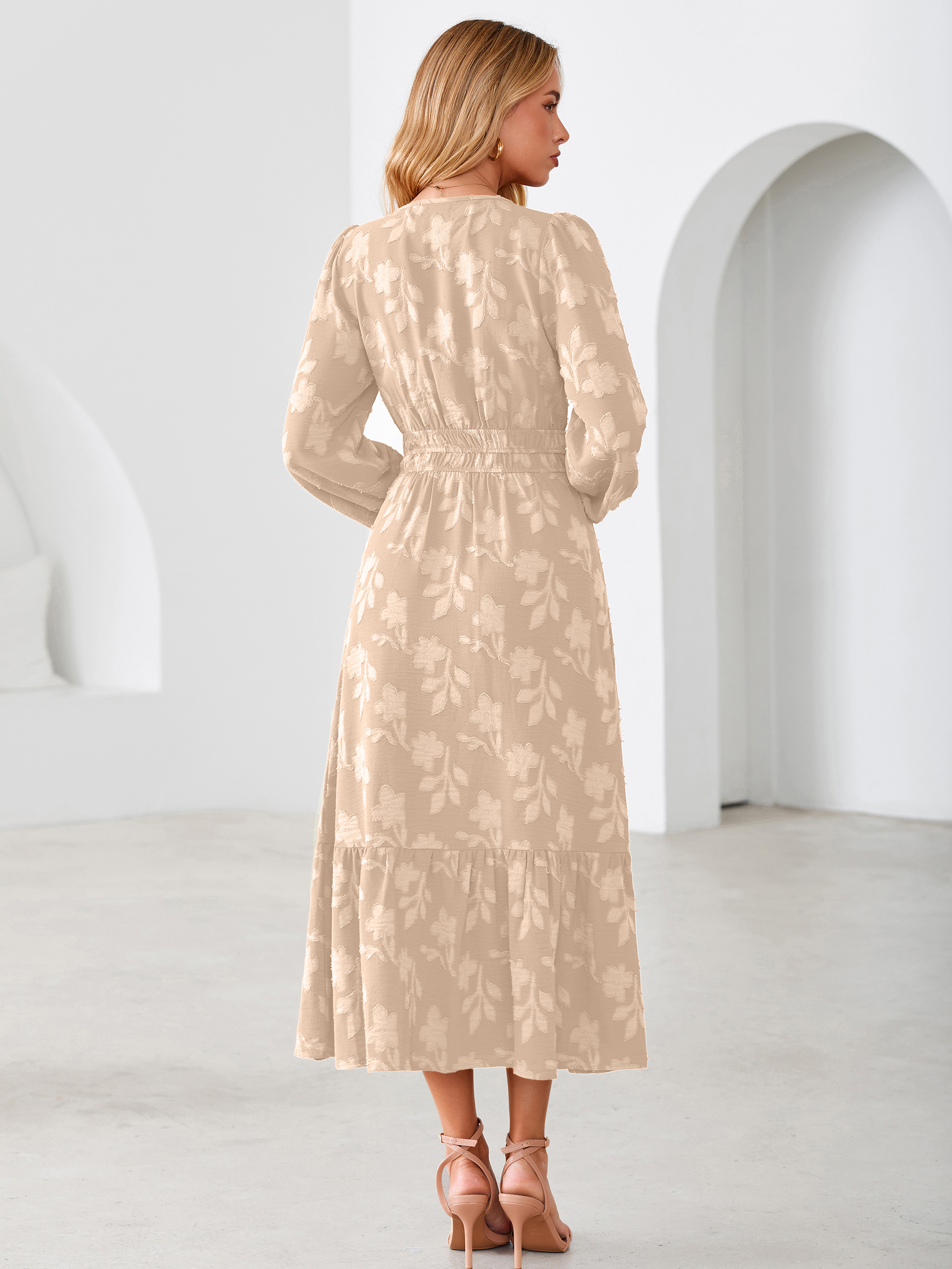 Floral Burnout V Neck Long Sleeve Maxi Dress