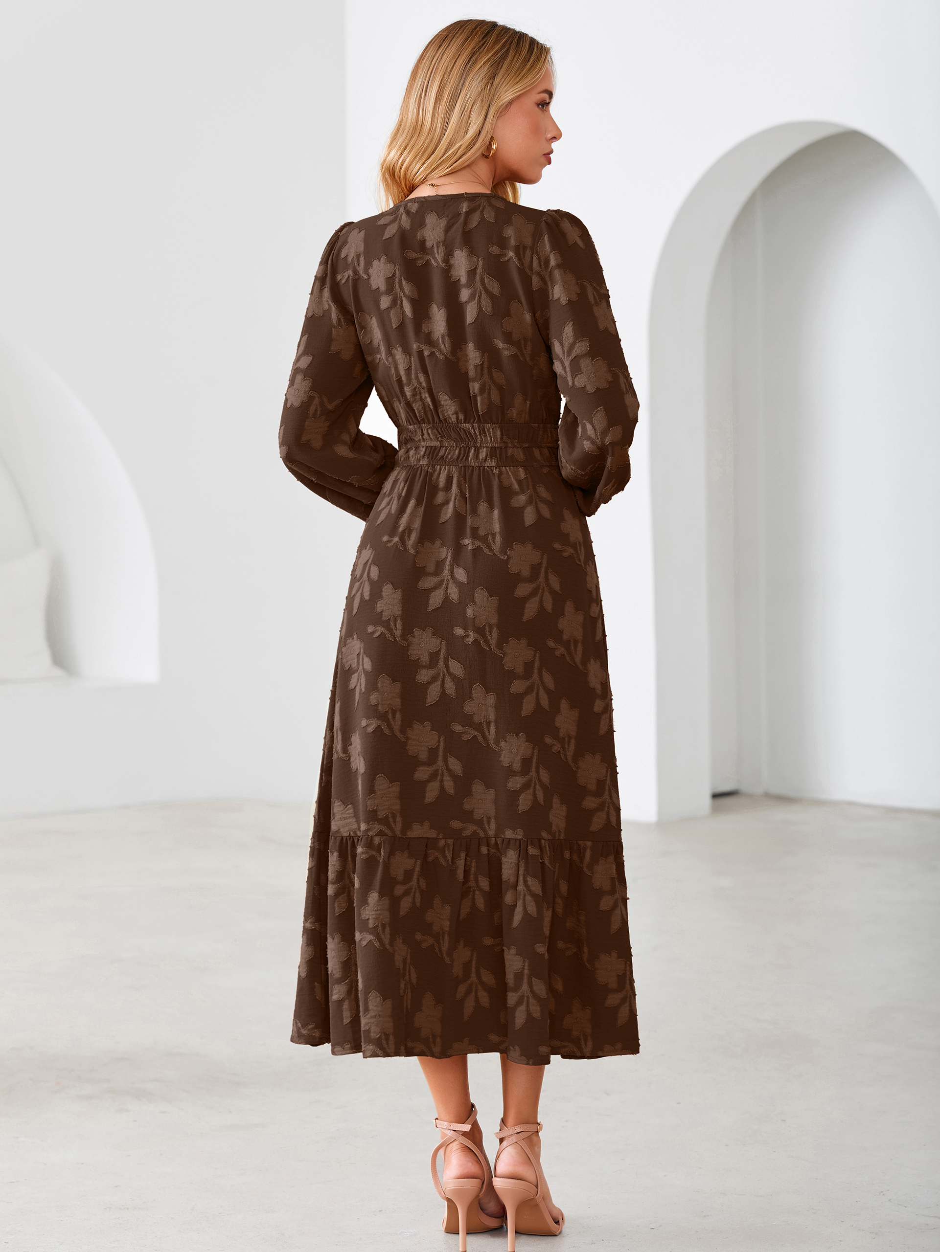 Floral Burnout V Neck Long Sleeve Maxi Dress