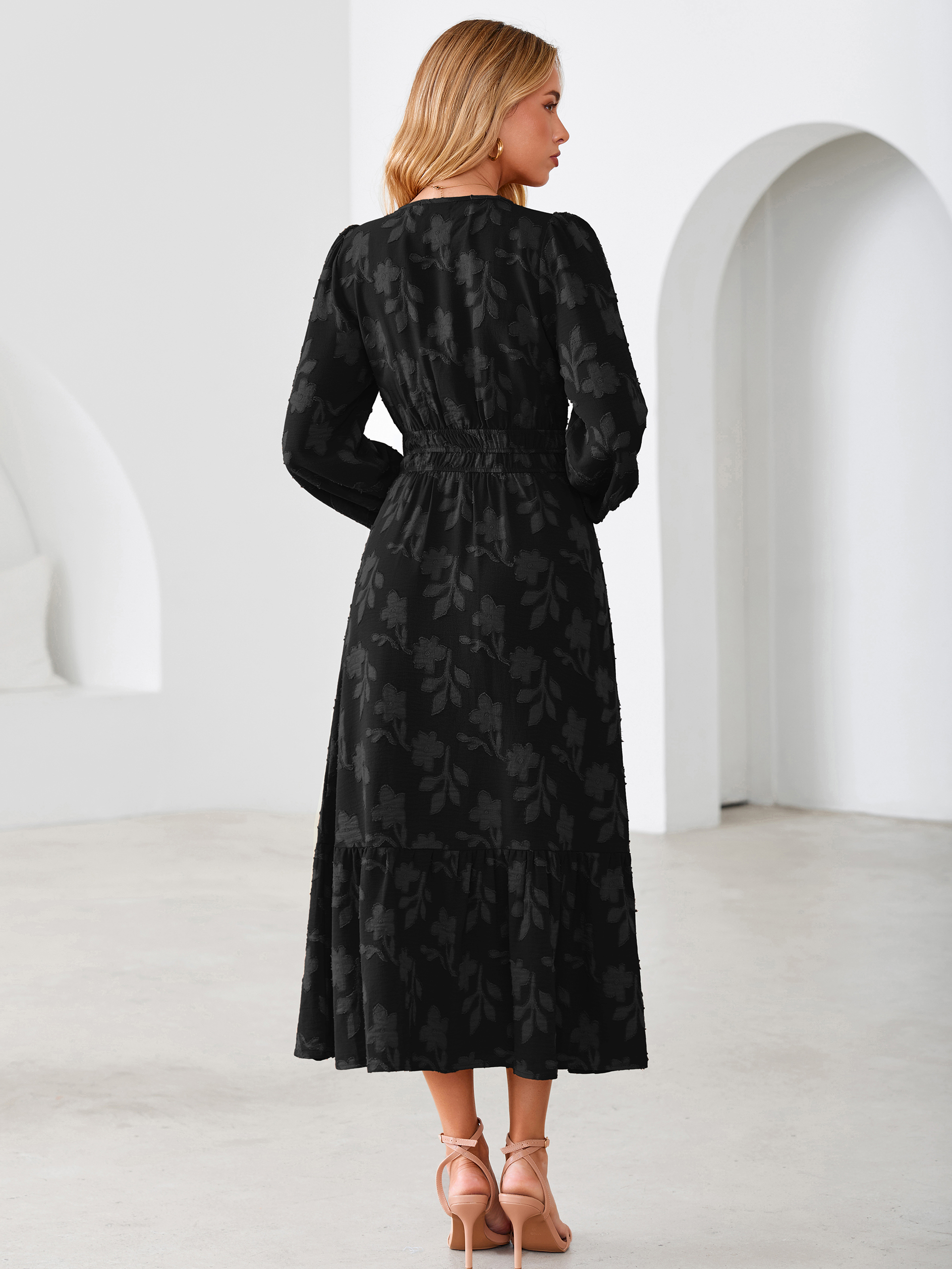 Floral Burnout V Neck Long Sleeve Maxi Dress
