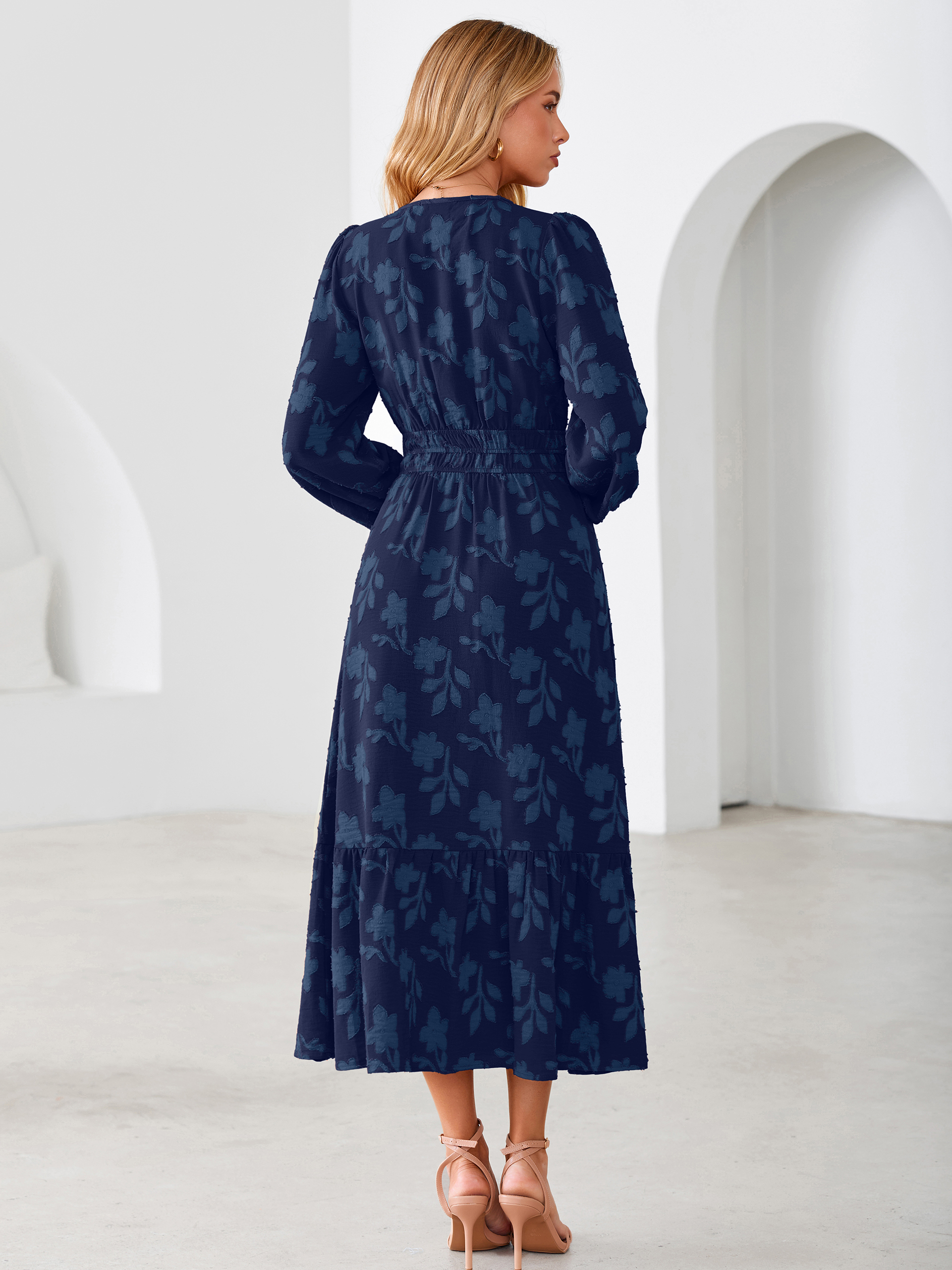 Floral Burnout V Neck Long Sleeve Maxi Dress