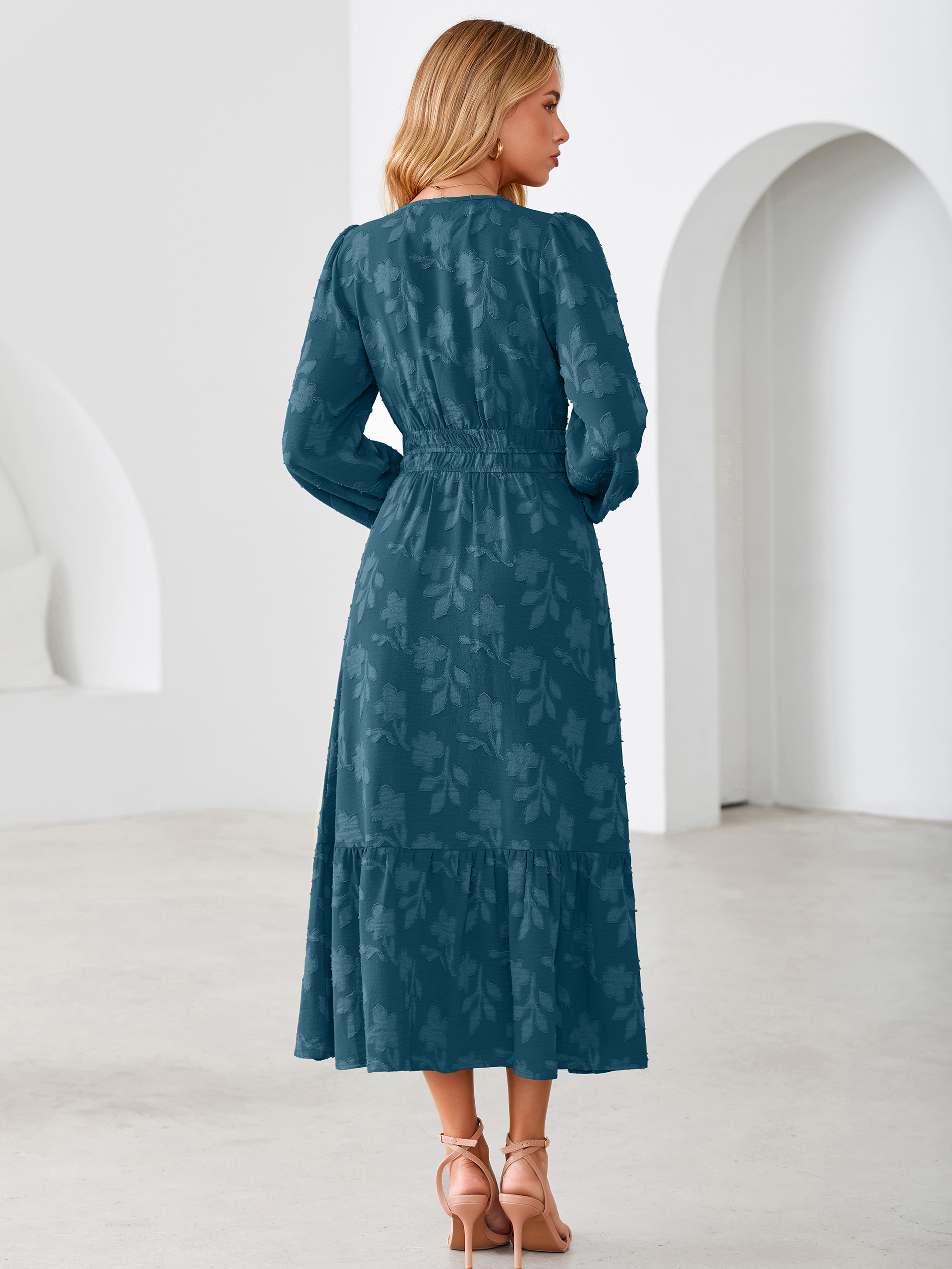 Floral Burnout V Neck Long Sleeve Maxi Dress