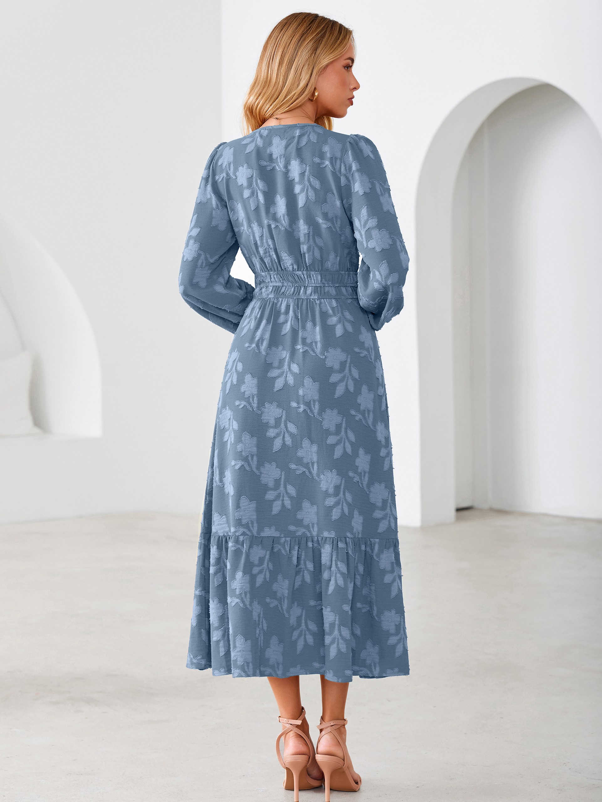 Floral Burnout V Neck Long Sleeve Maxi Dress