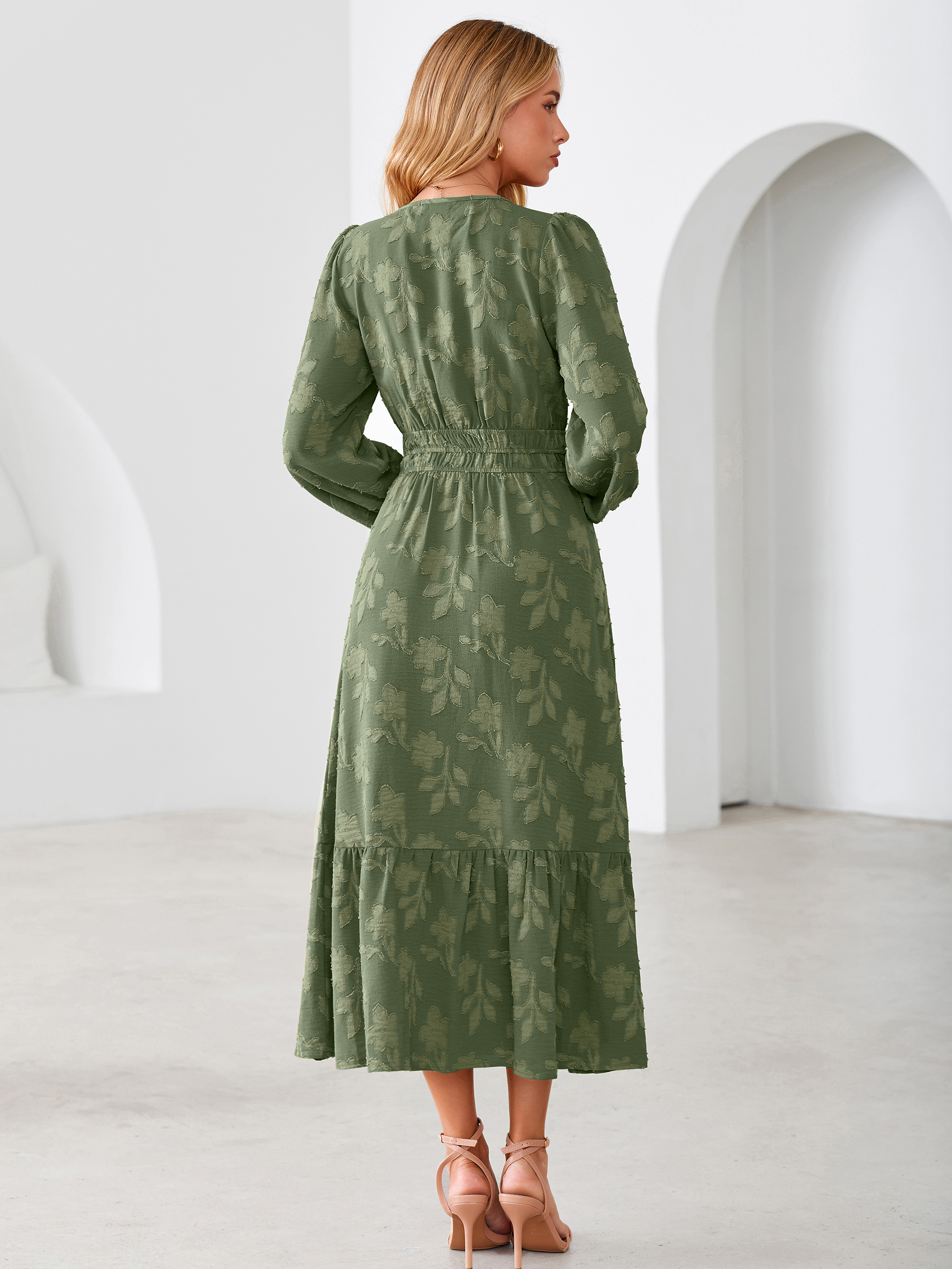 Floral Burnout V Neck Long Sleeve Maxi Dress