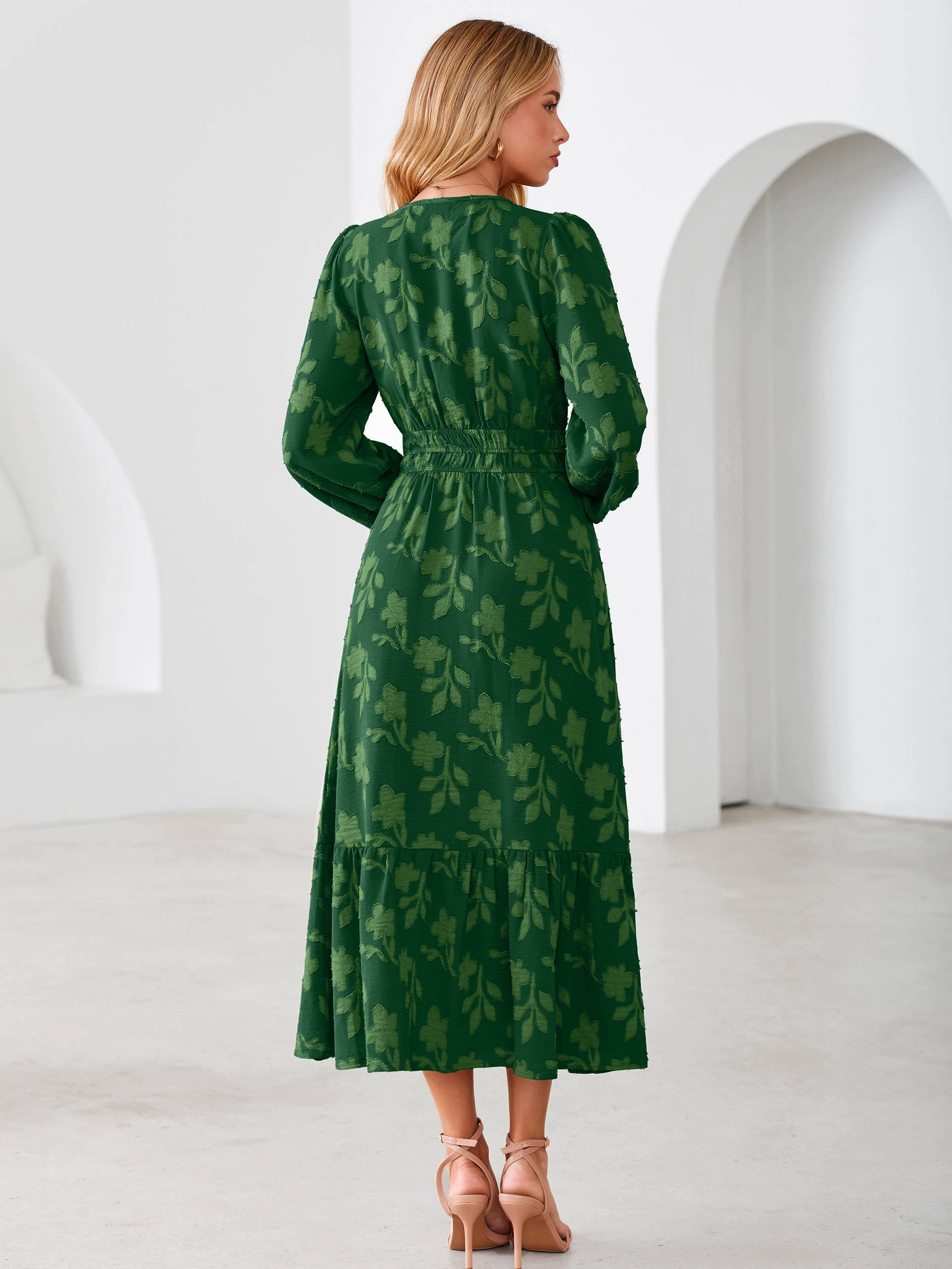 Floral Burnout V Neck Long Sleeve Maxi Dress