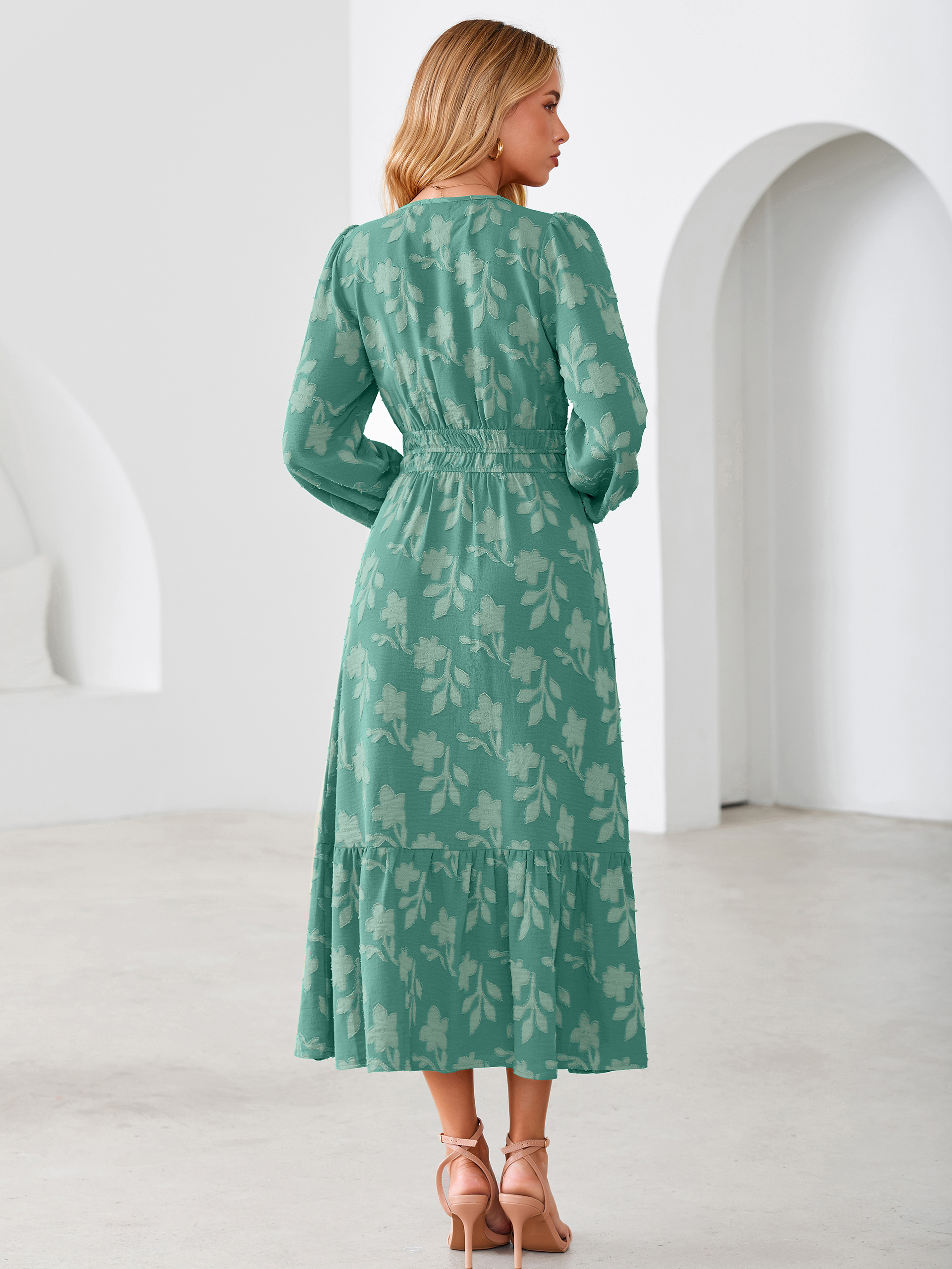 Floral Burnout V Neck Long Sleeve Maxi Dress