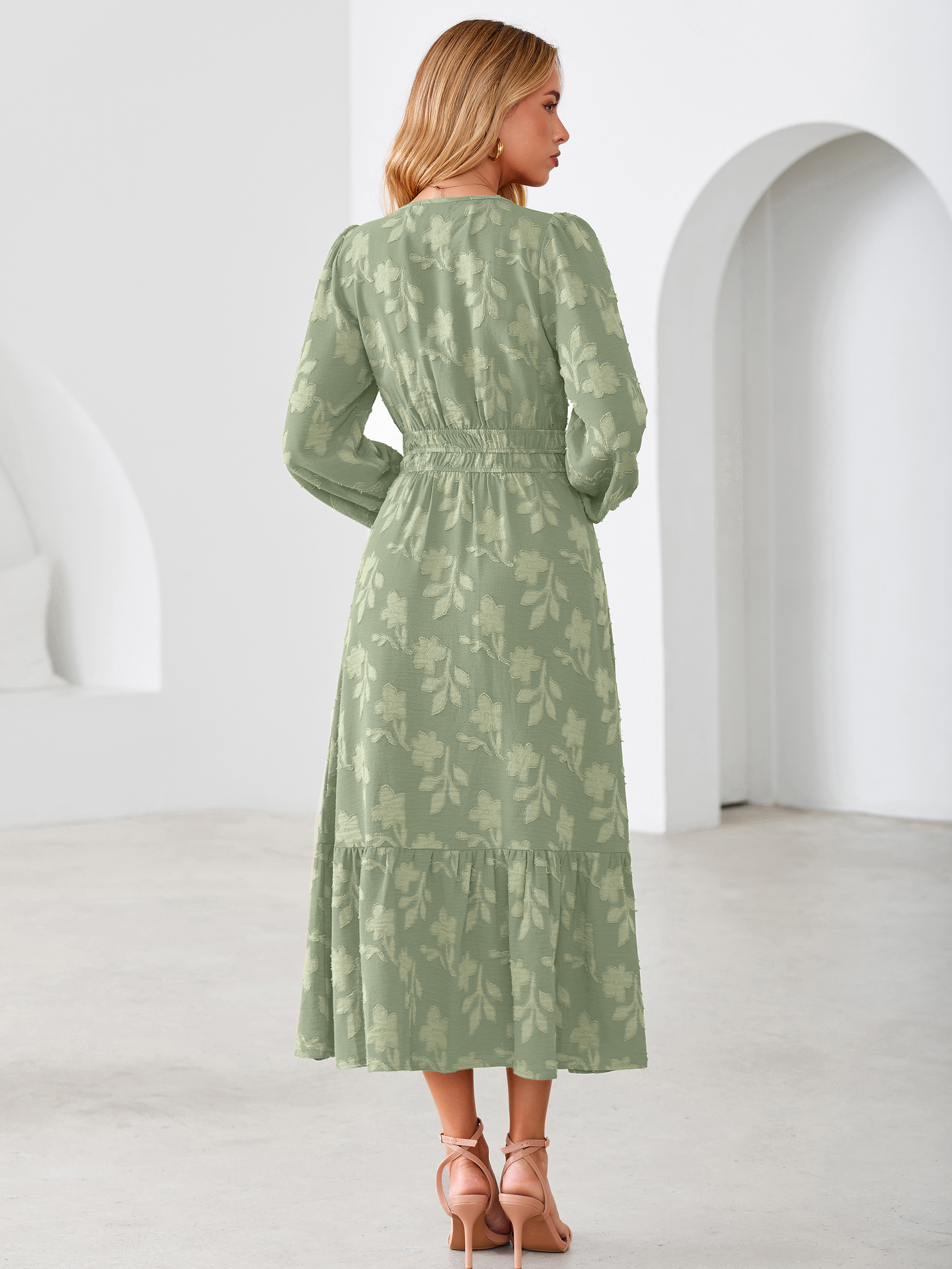 Floral Burnout V Neck Long Sleeve Maxi Dress