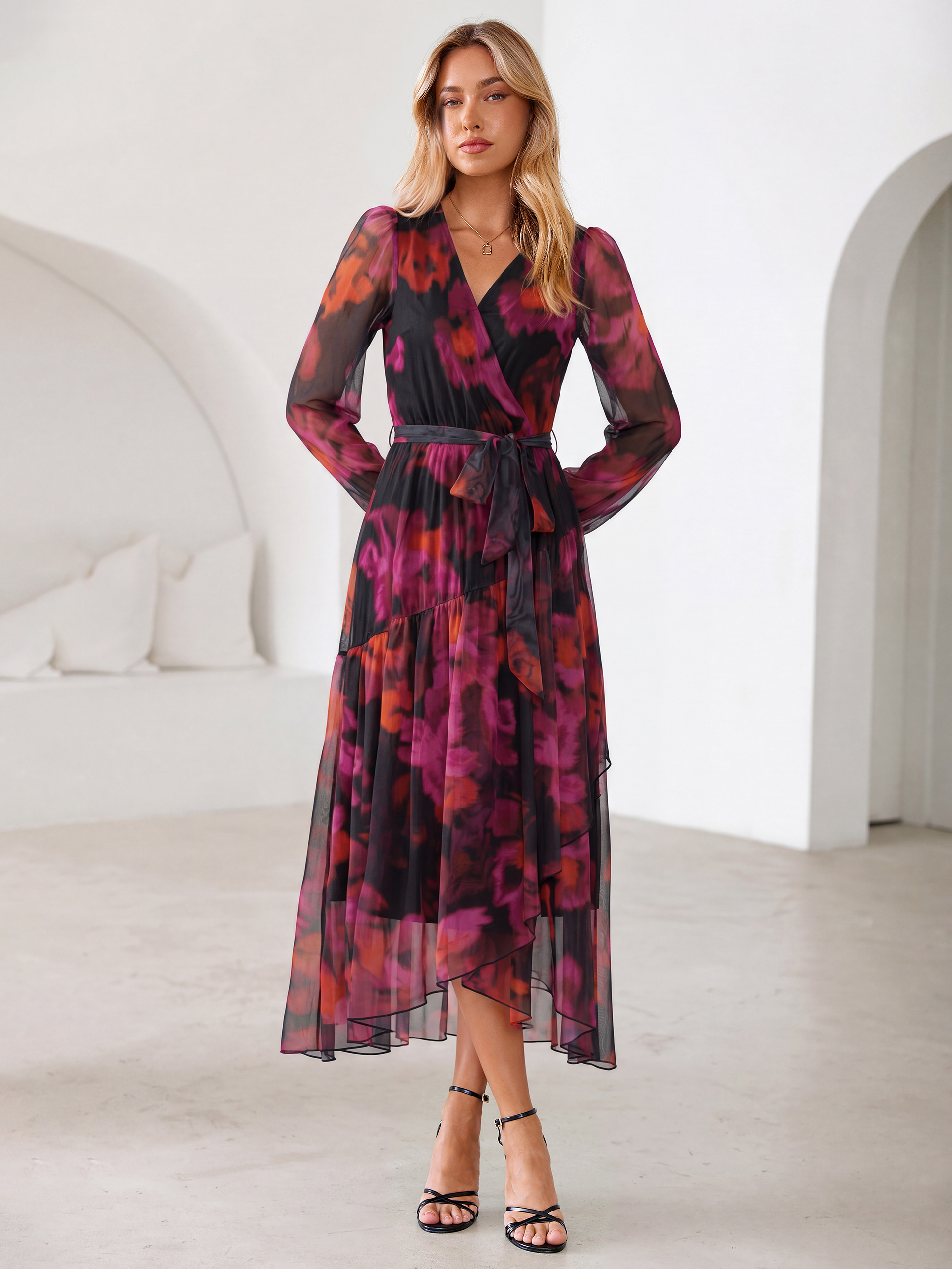 Floral Tulle Faux Wrap Long Sleeve Maxi Dress