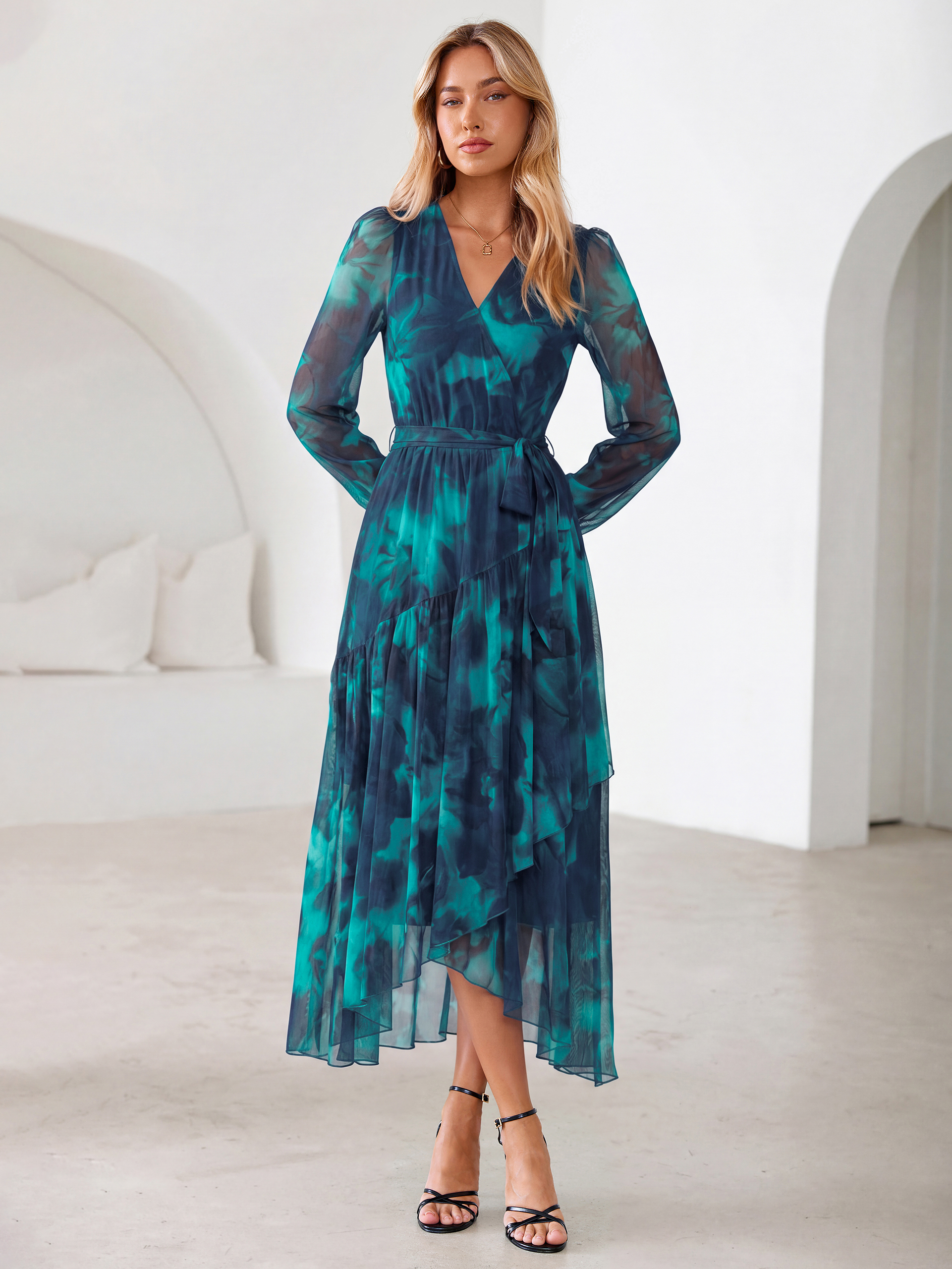Floral Tulle Faux Wrap Long Sleeve Maxi Dress