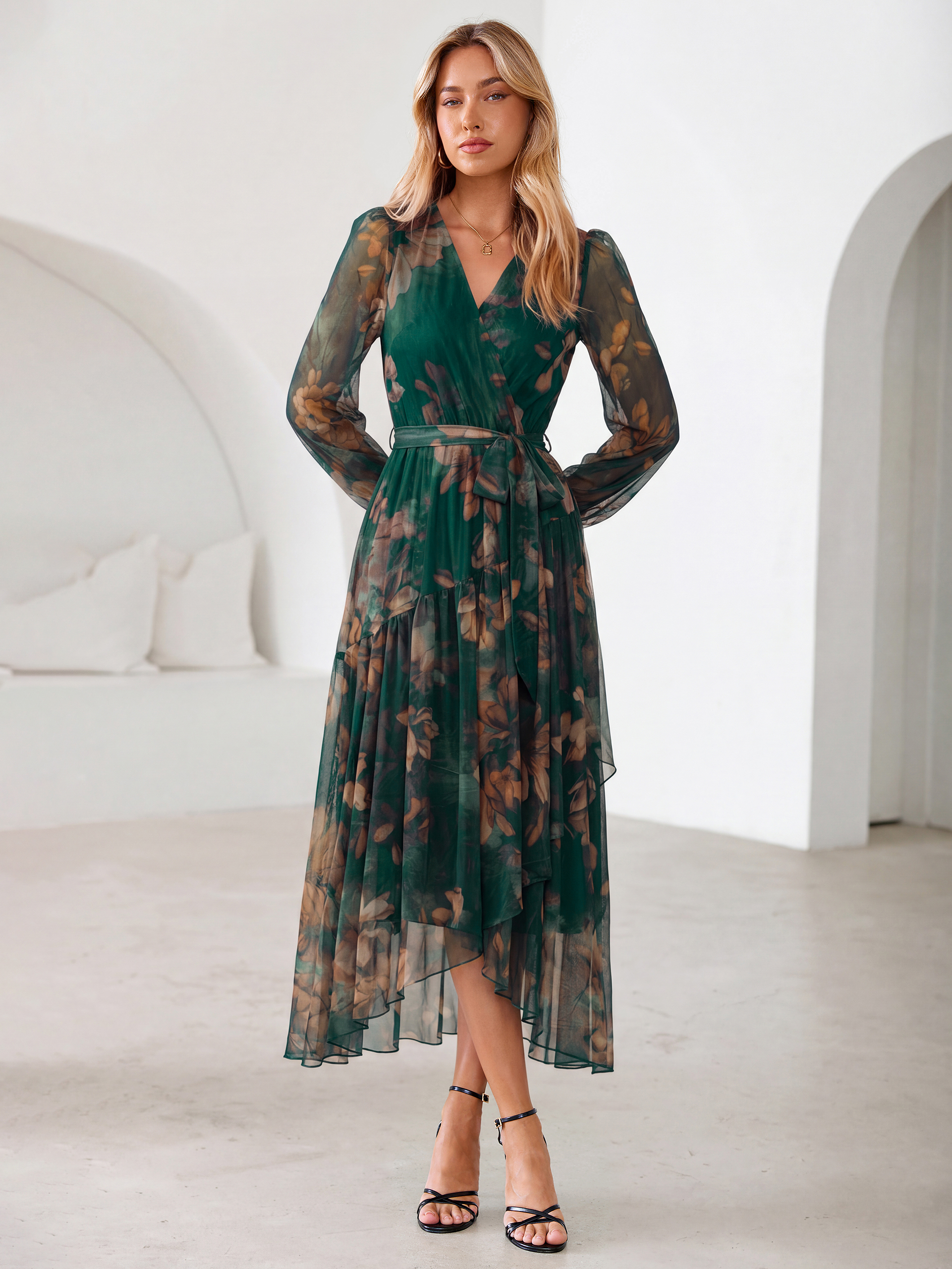 Floral Tulle Faux Wrap Long Sleeve Maxi Dress
