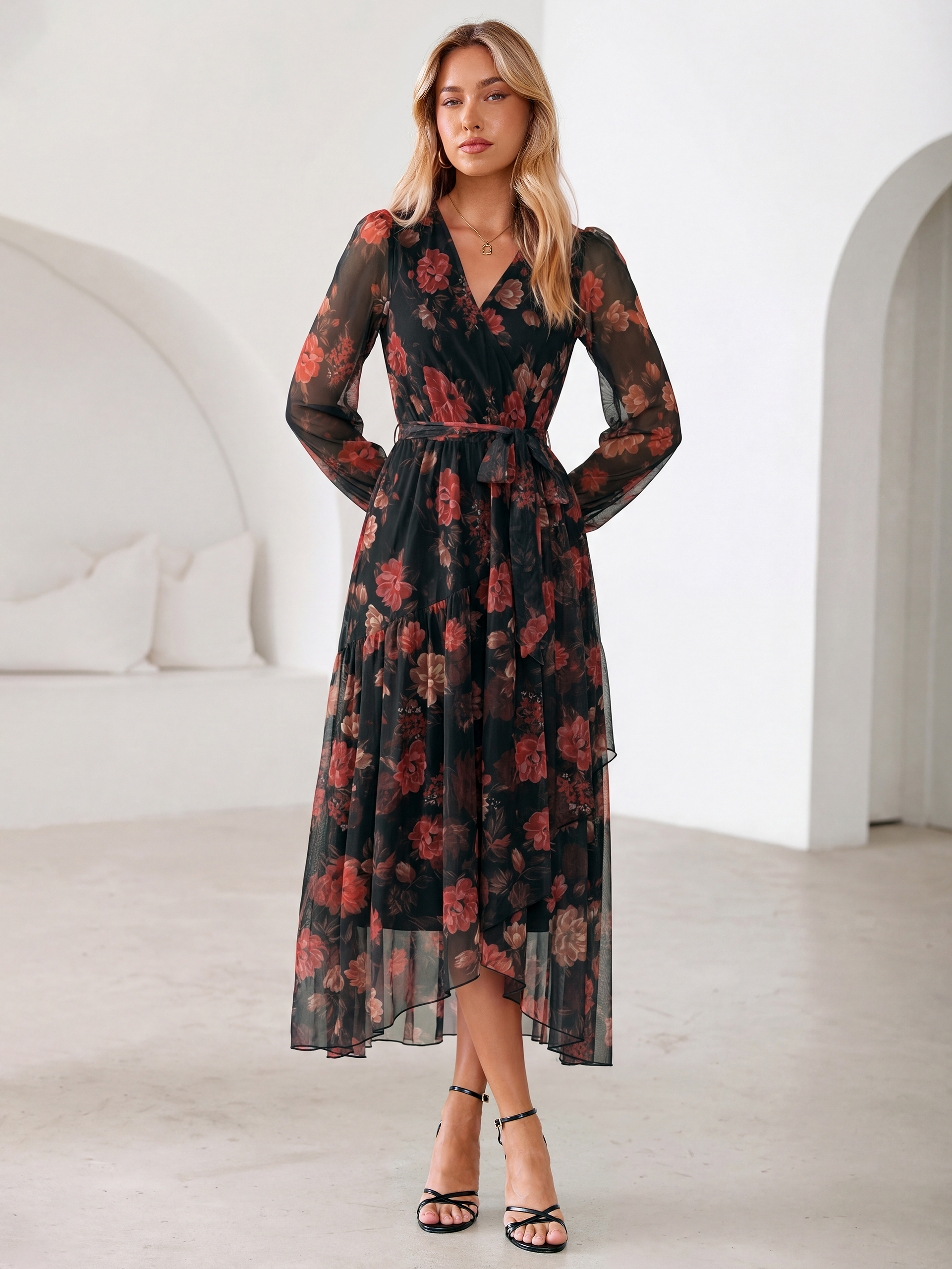 Floral Tulle Faux Wrap Long Sleeve Maxi Dress