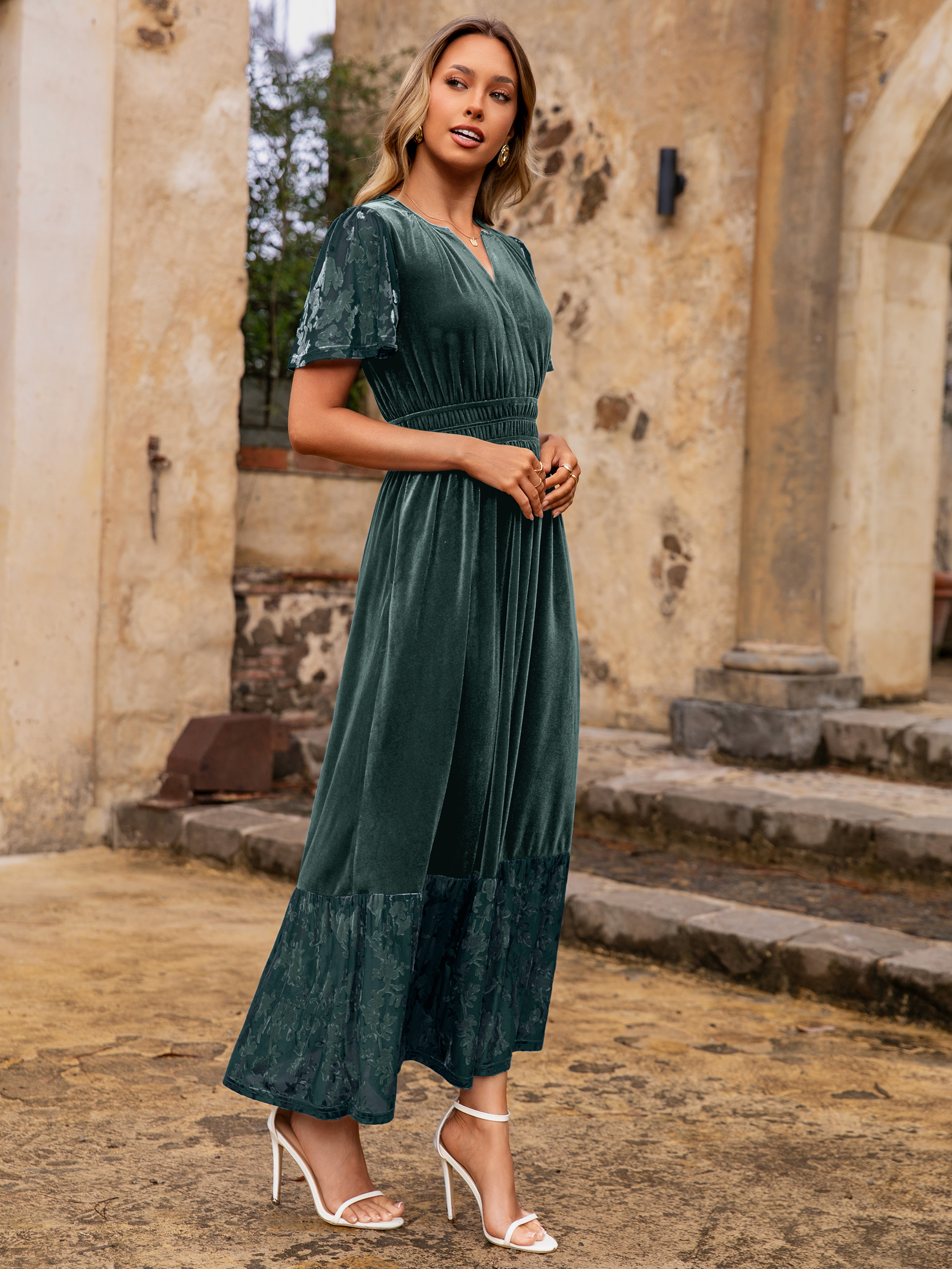 Velvet Floral Burnout V Neck Maxi Dress