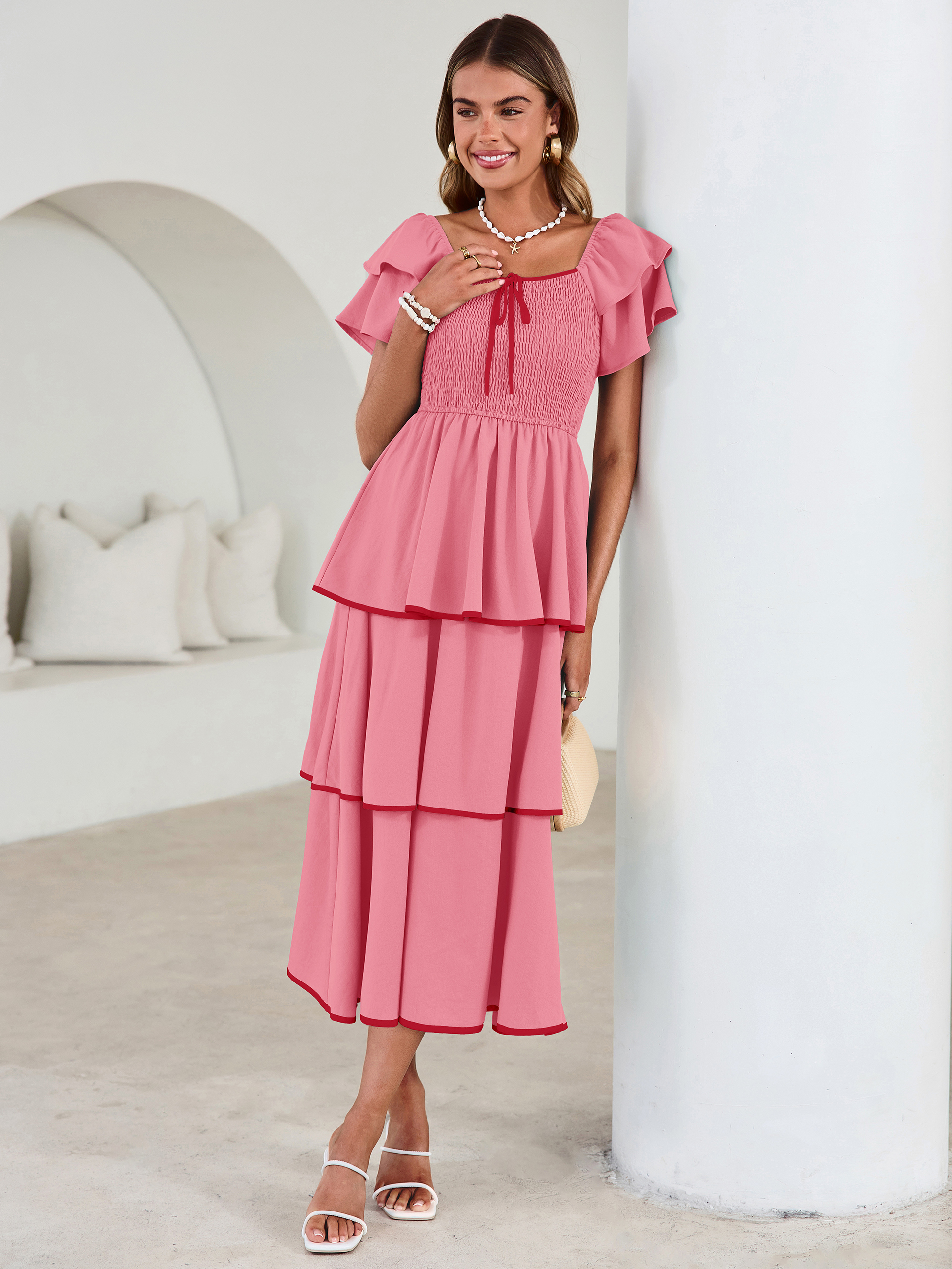 Ruched Off Shoulder Tiered Maxi Dress - Rose Pink