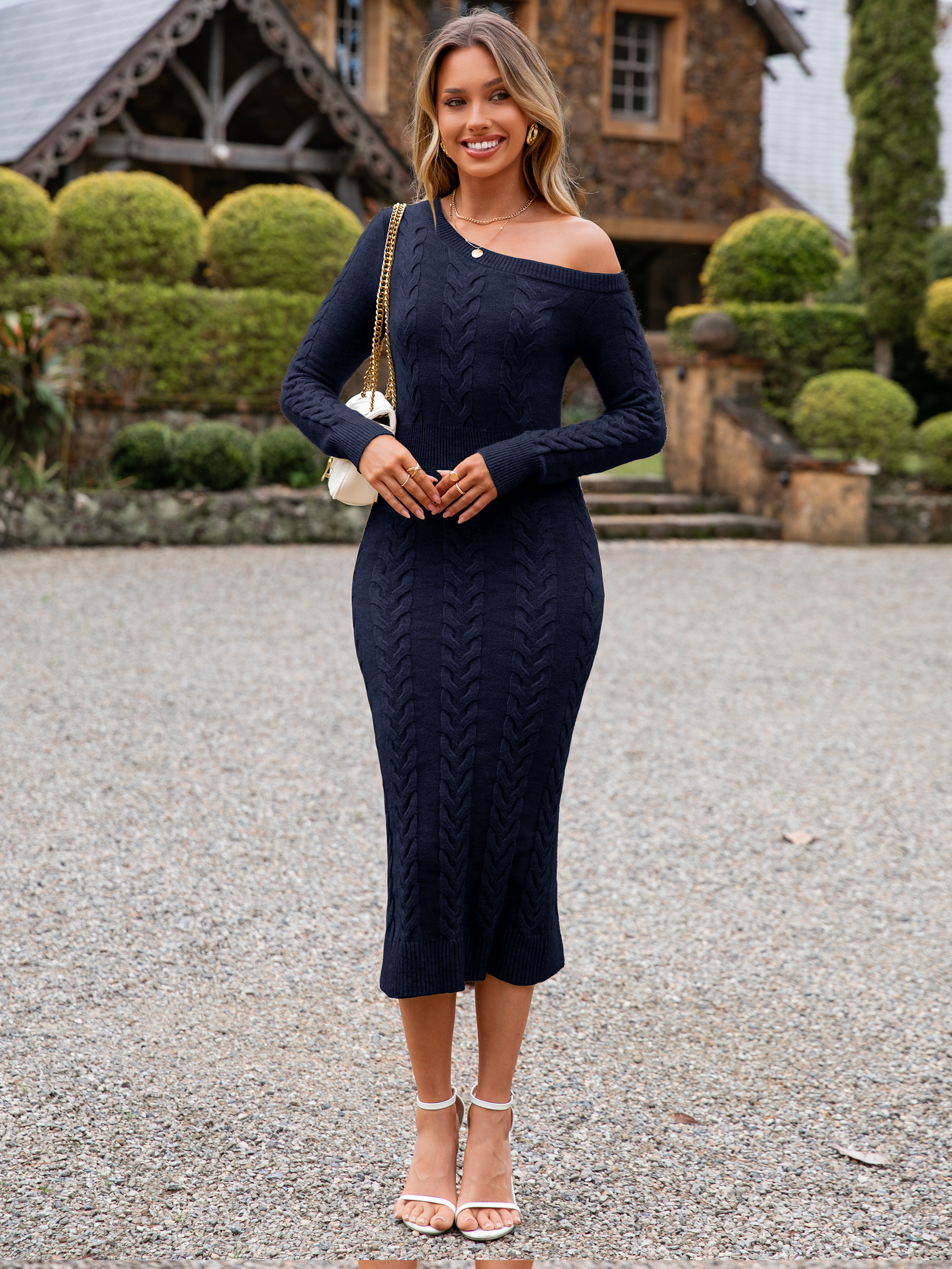 One Shoulder Ribbed Knit Bodycon Midi Dress