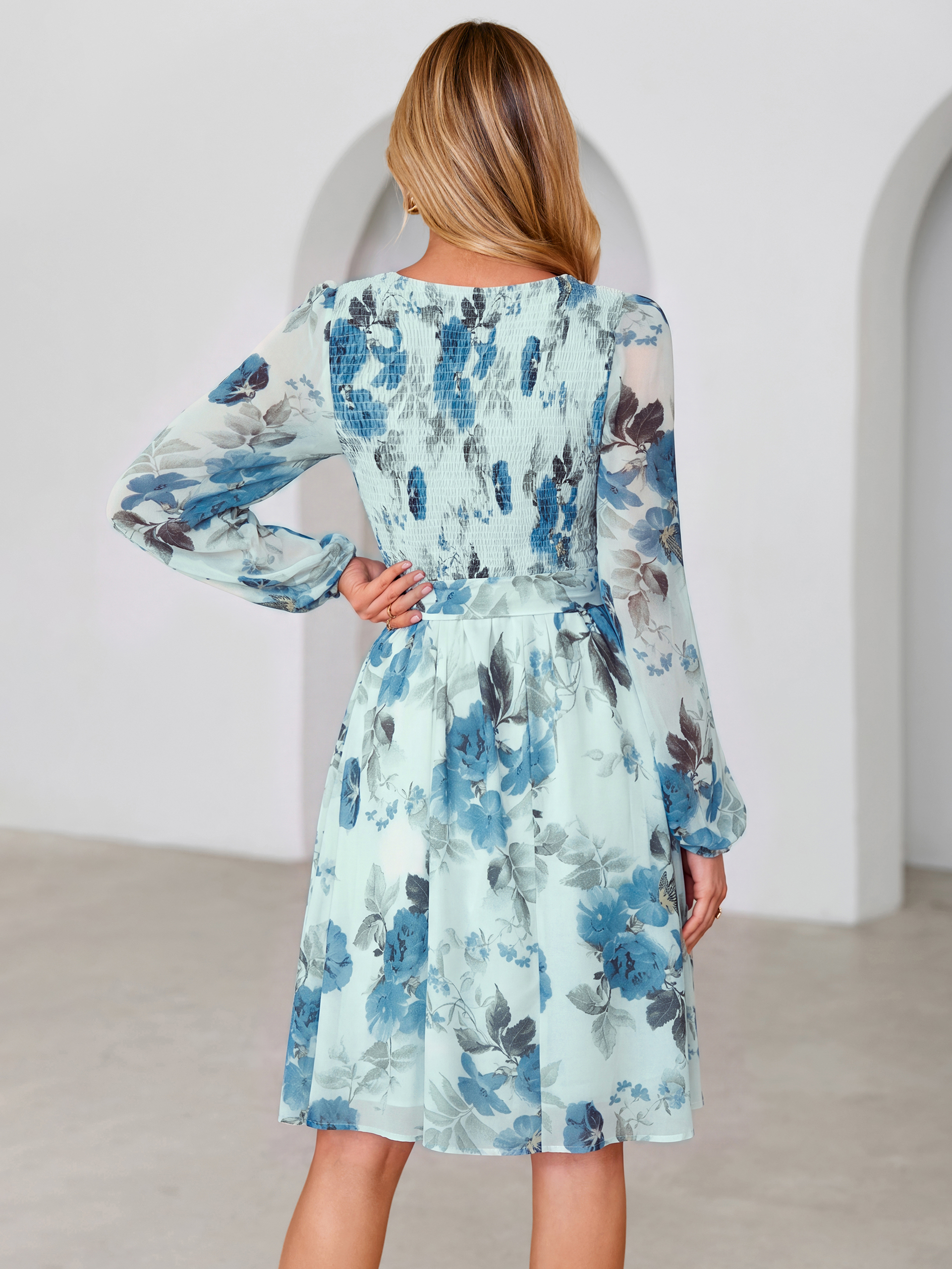 Floral Chiffon Smocked Tie Waist Mini Dress