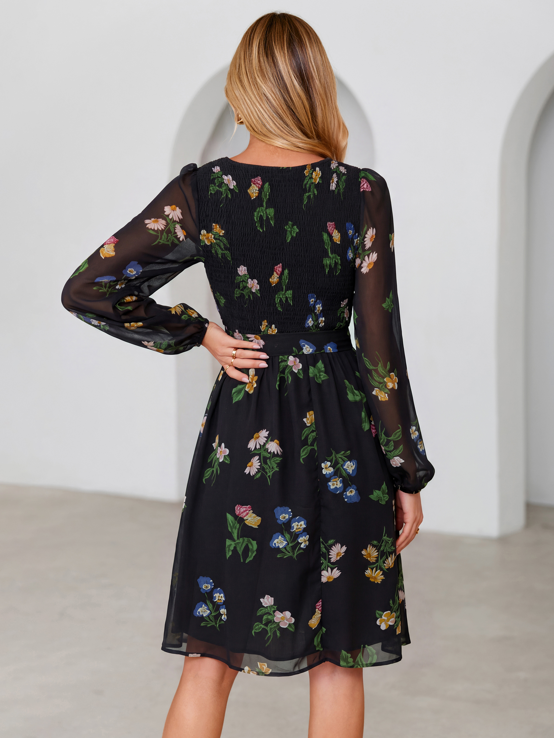 Floral Chiffon Smocked Tie Waist Mini Dress