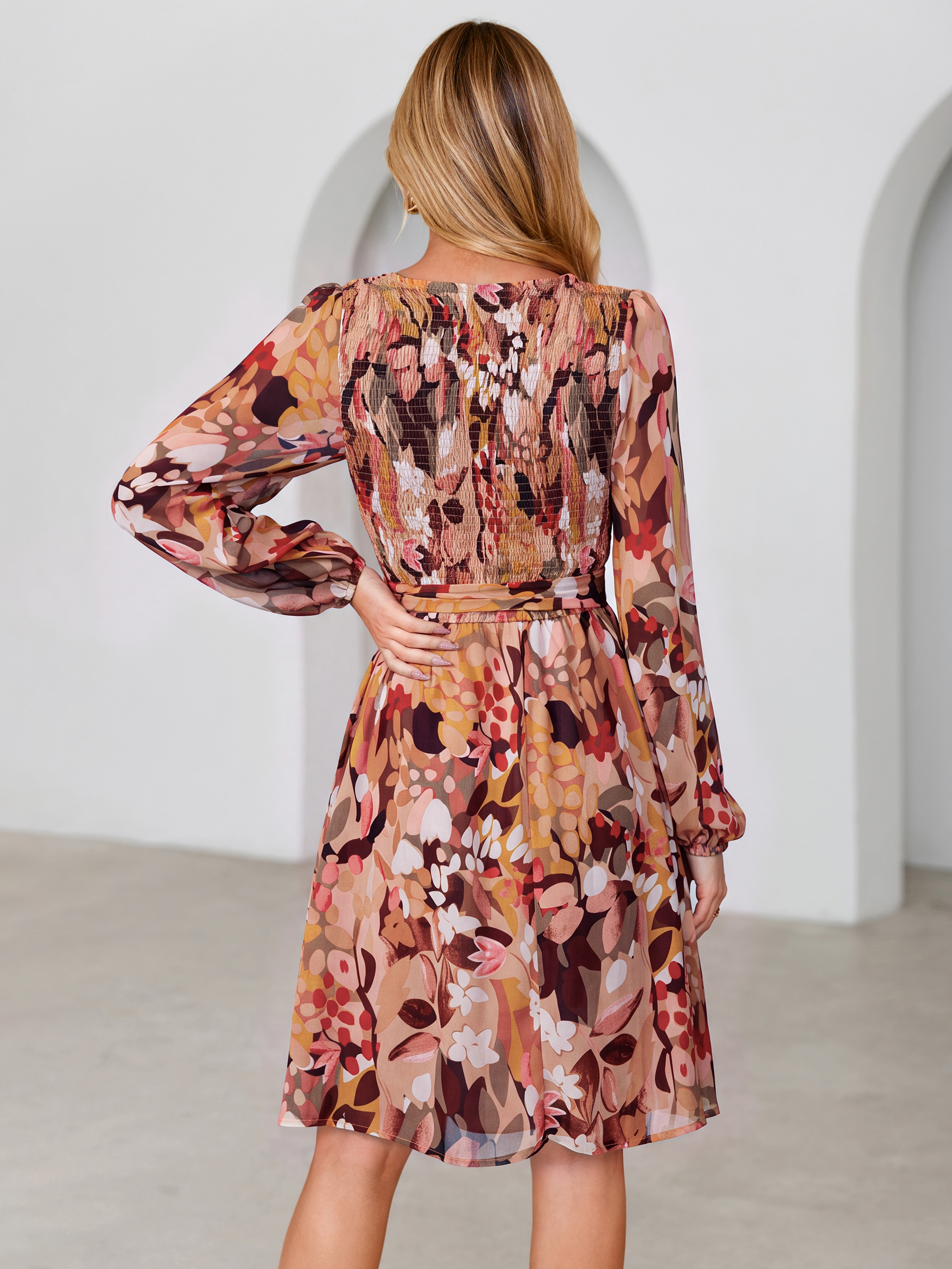 Floral Chiffon Smocked Tie Waist Mini Dress