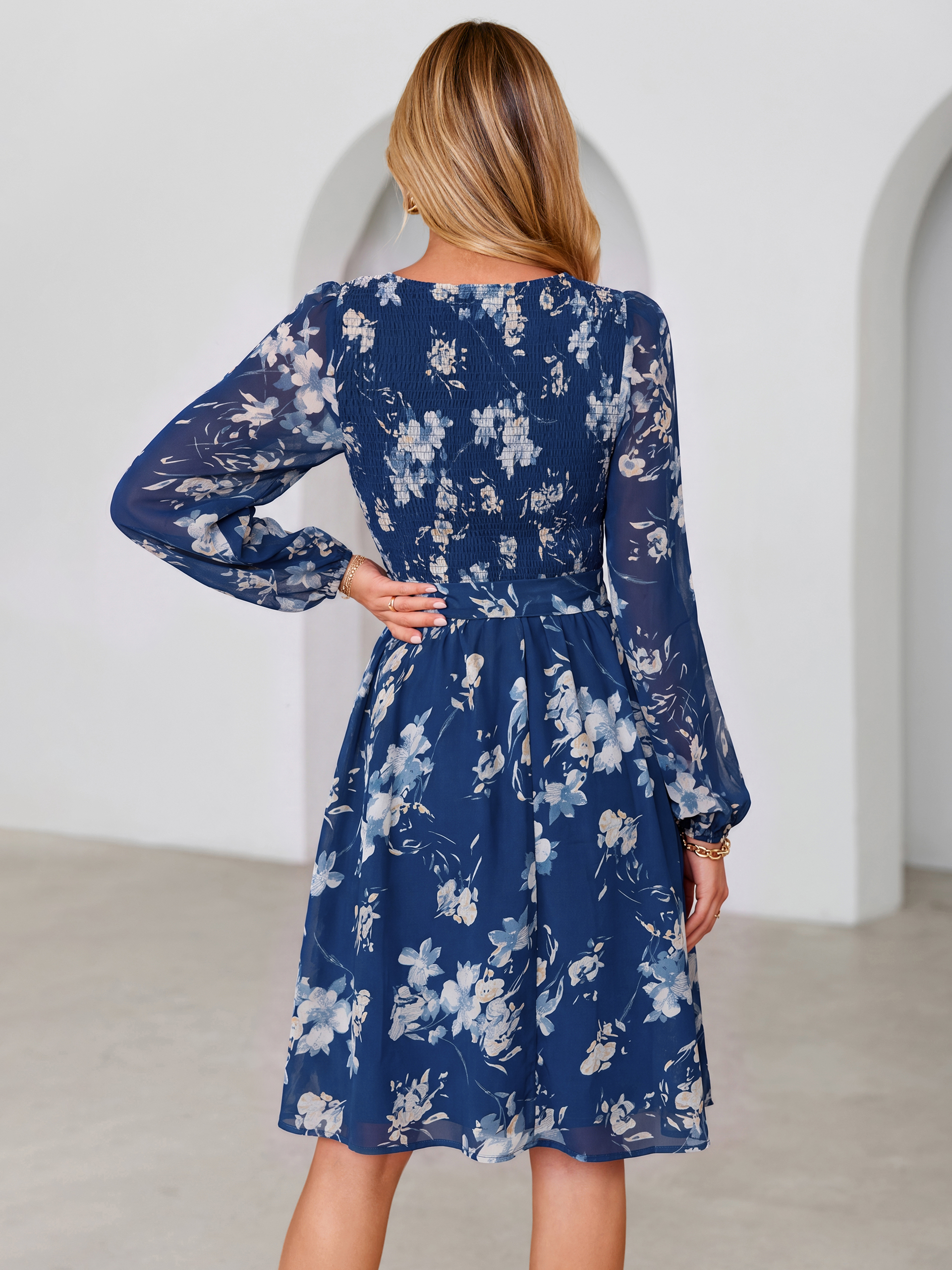 Floral Chiffon Smocked Tie Waist Mini Dress
