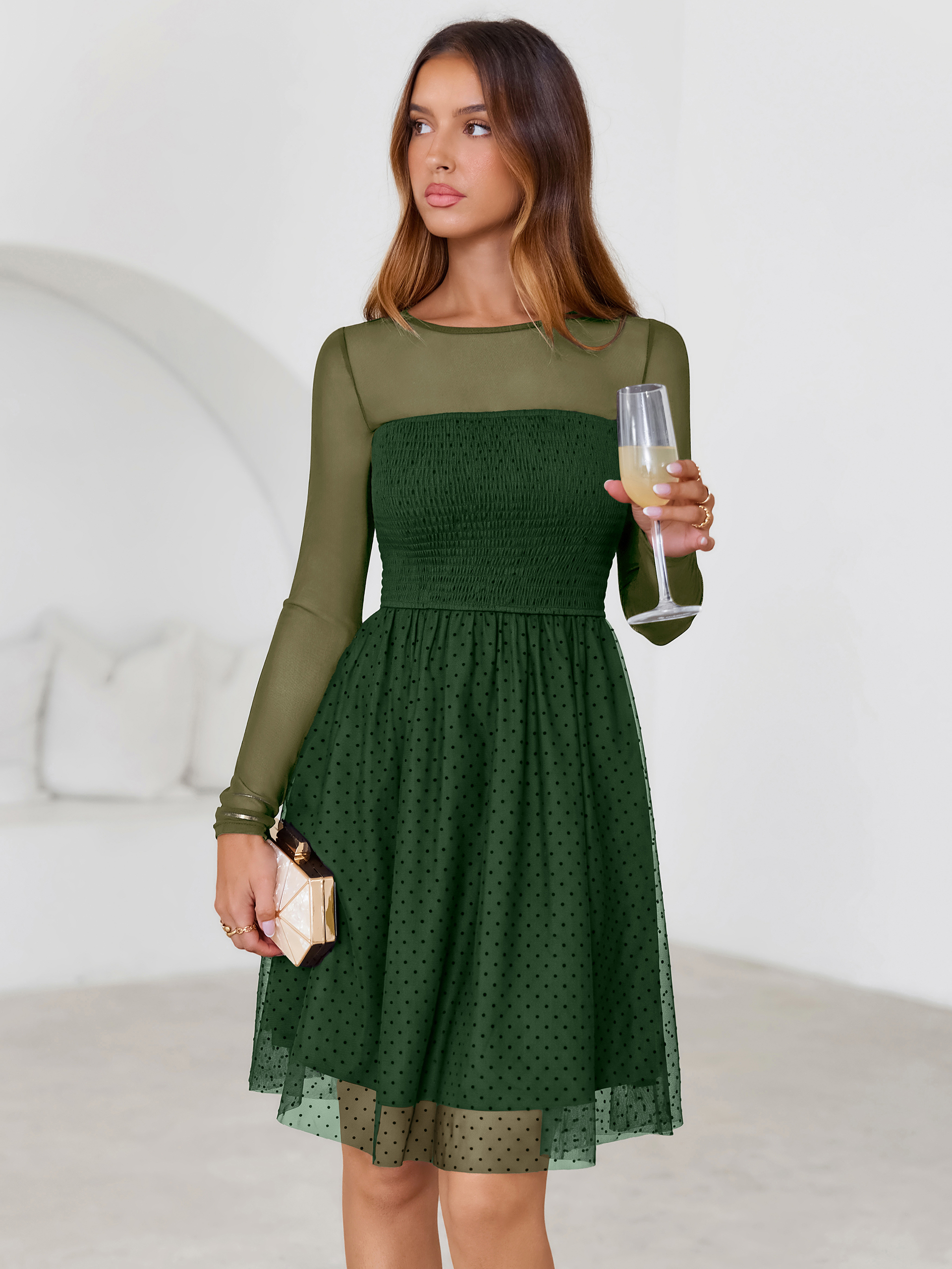 Long Sleeve Polka Dot Mesh Smocked Mini Dress
