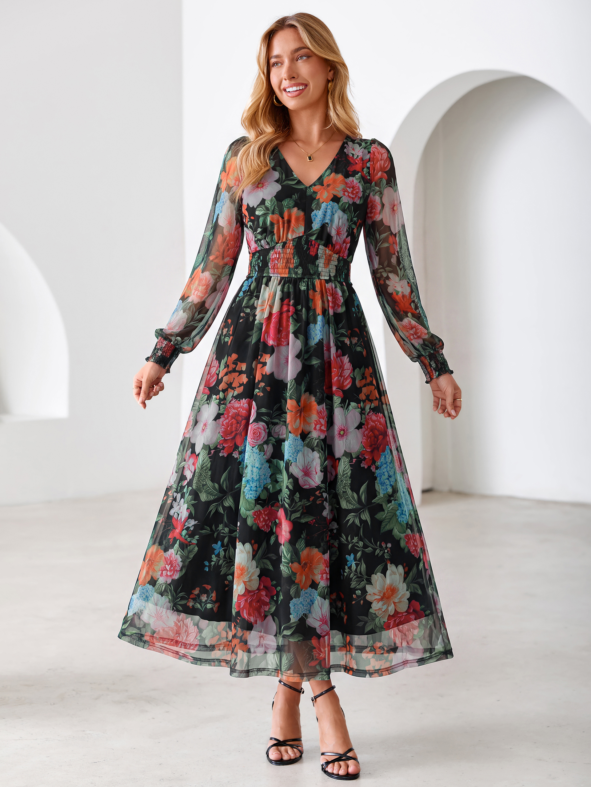 Romantic Floral Tulle Smocked Maxi Dress