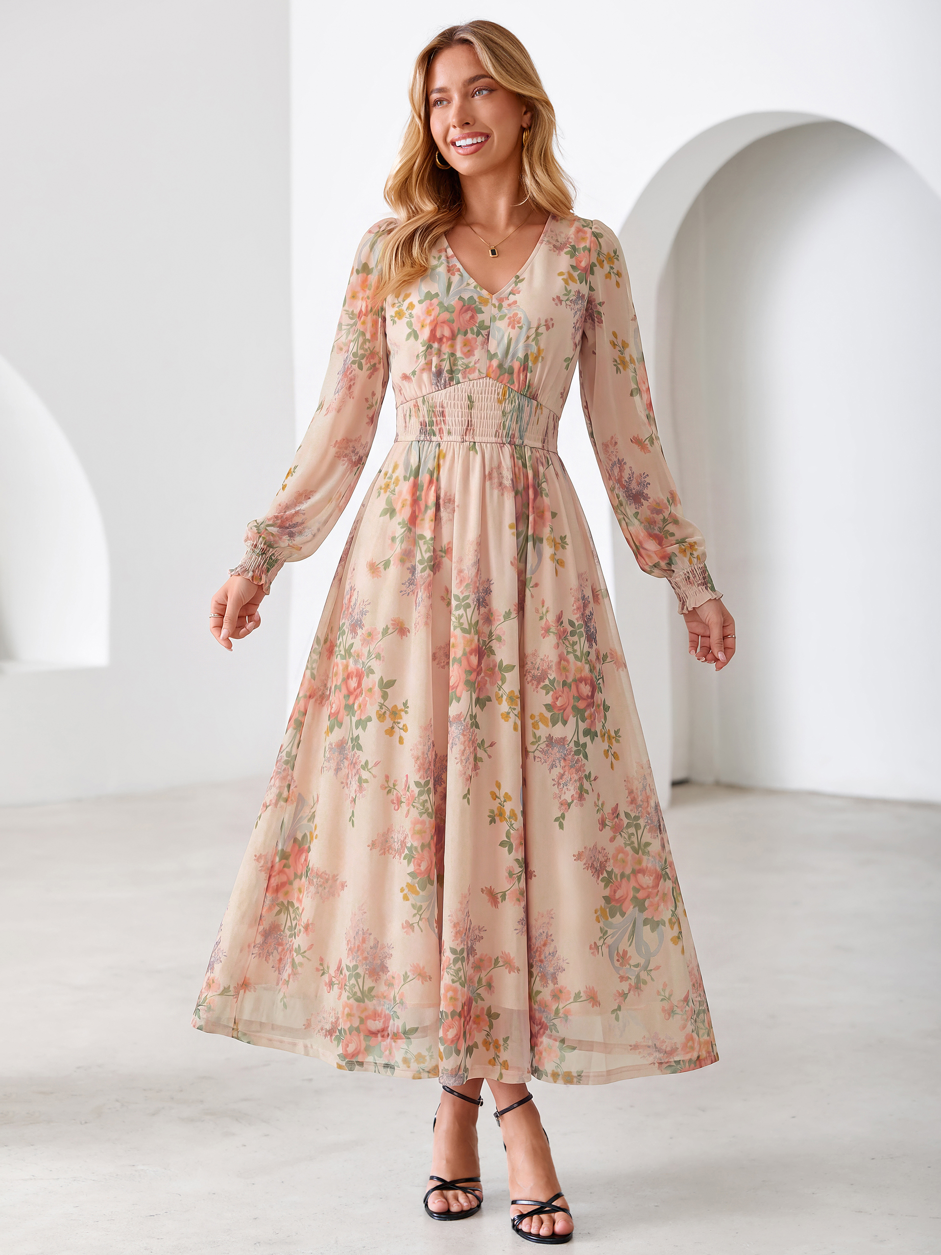 Romantic Floral Tulle Smocked Maxi Dress
