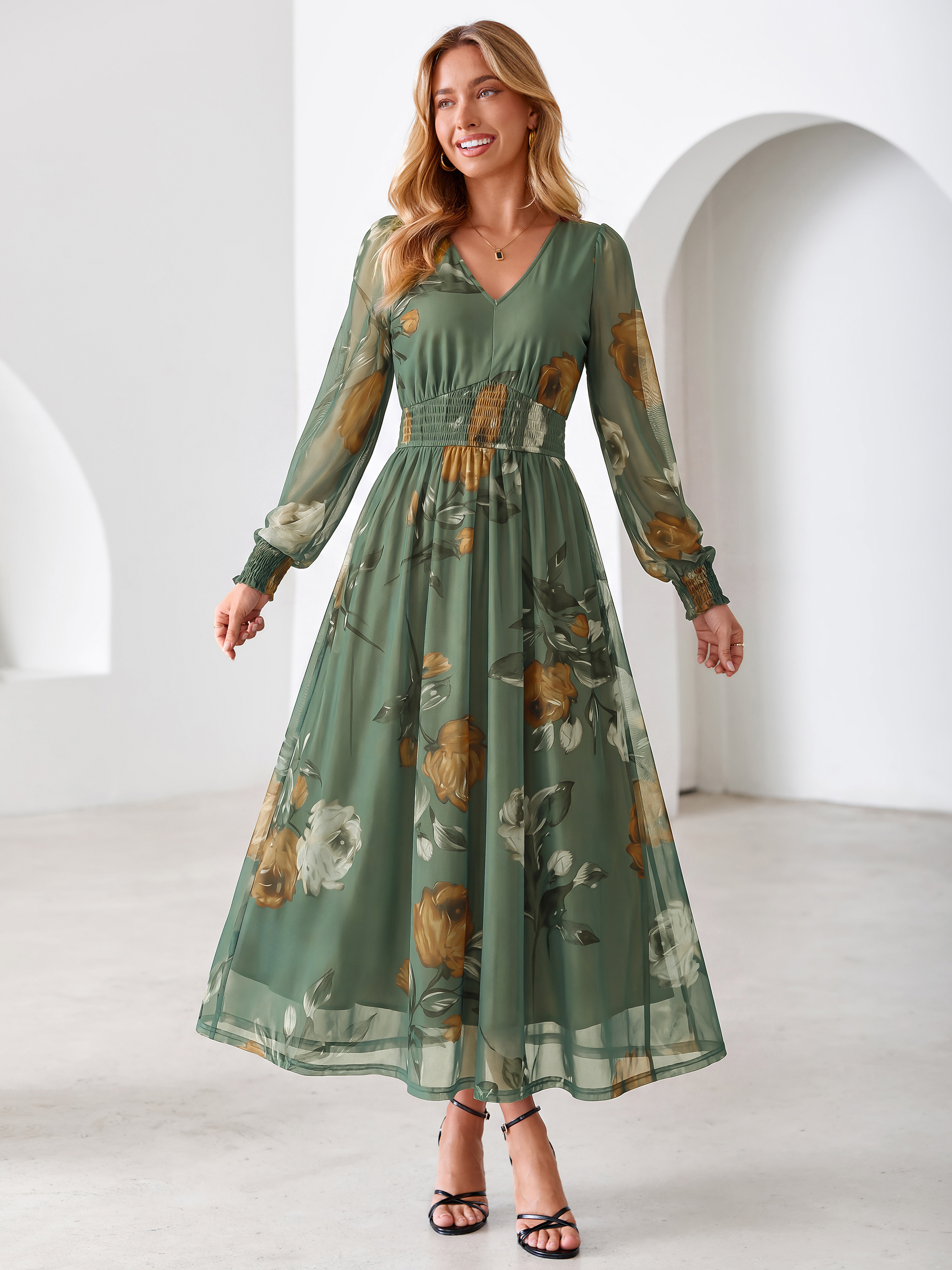 Romantic Floral Tulle Smocked Maxi Dress