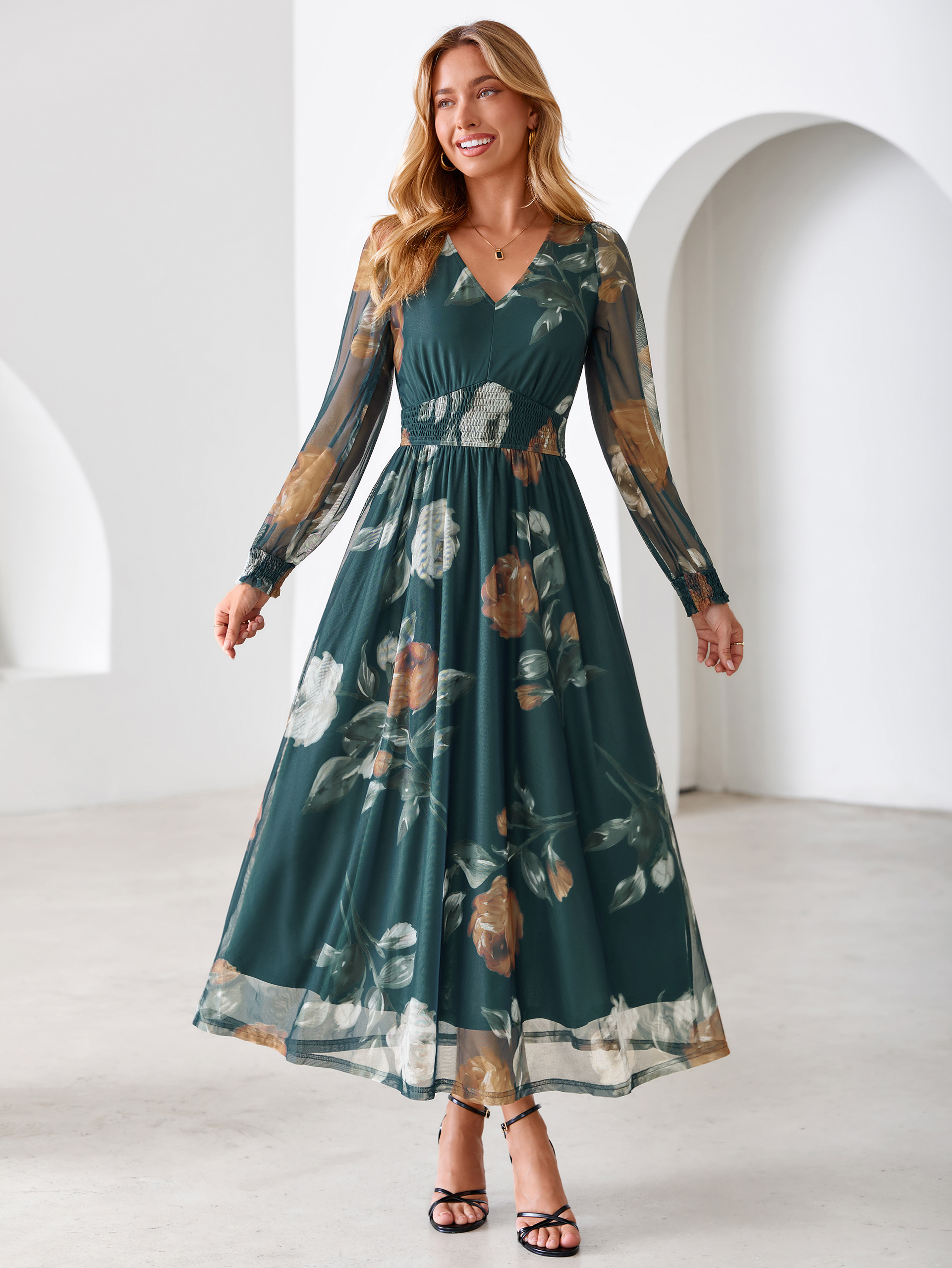 Romantic Floral Tulle Smocked Maxi Dress