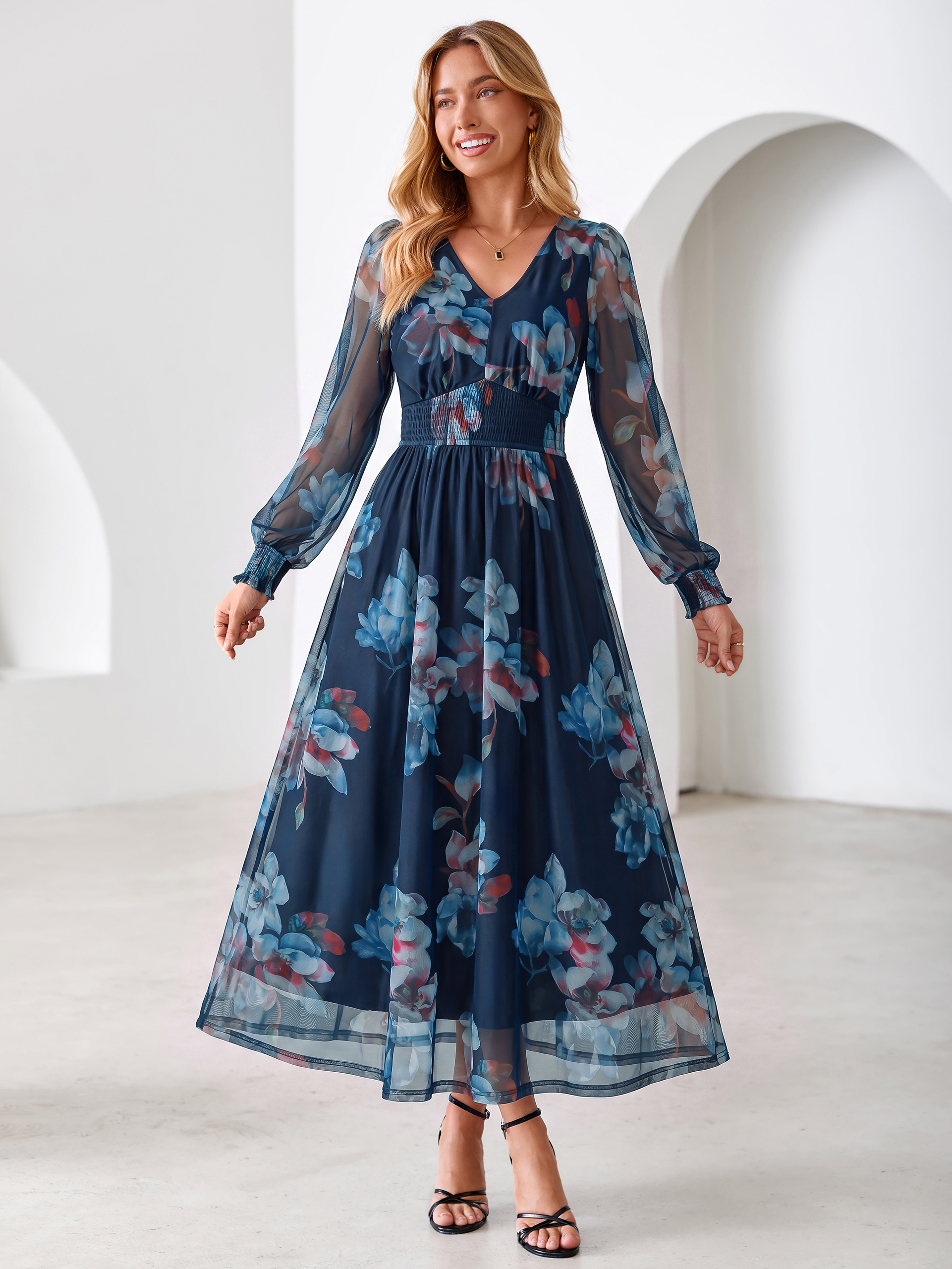 Romantic Floral Tulle Smocked Maxi Dress