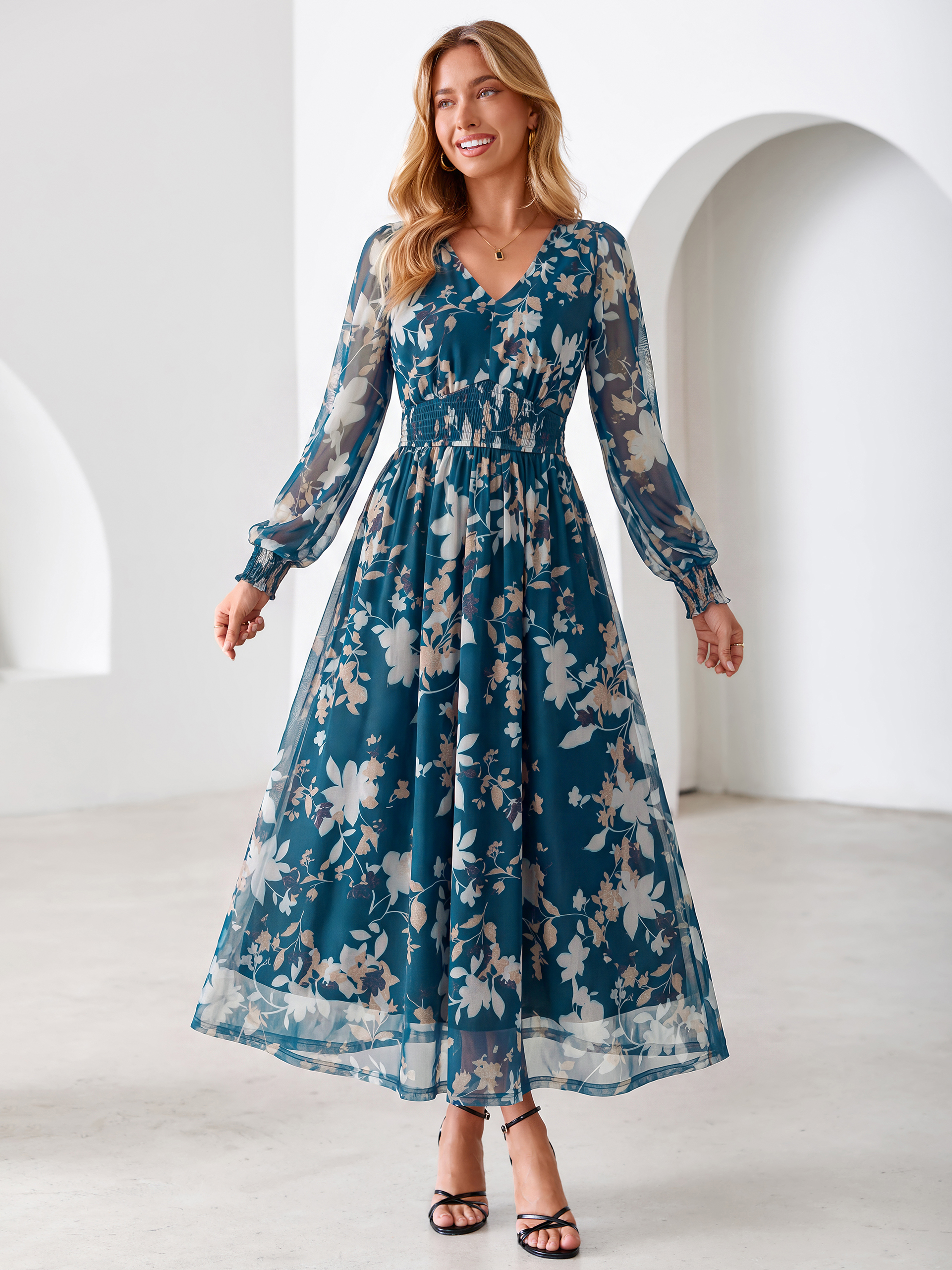 Romantic Floral Tulle Smocked Maxi Dress