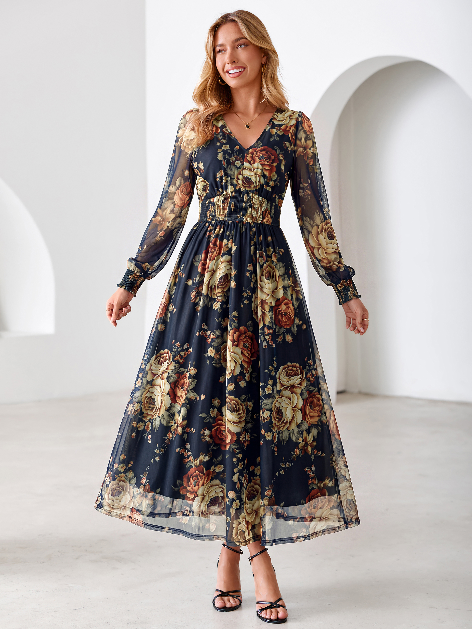 Romantic Floral Tulle Smocked Maxi Dress