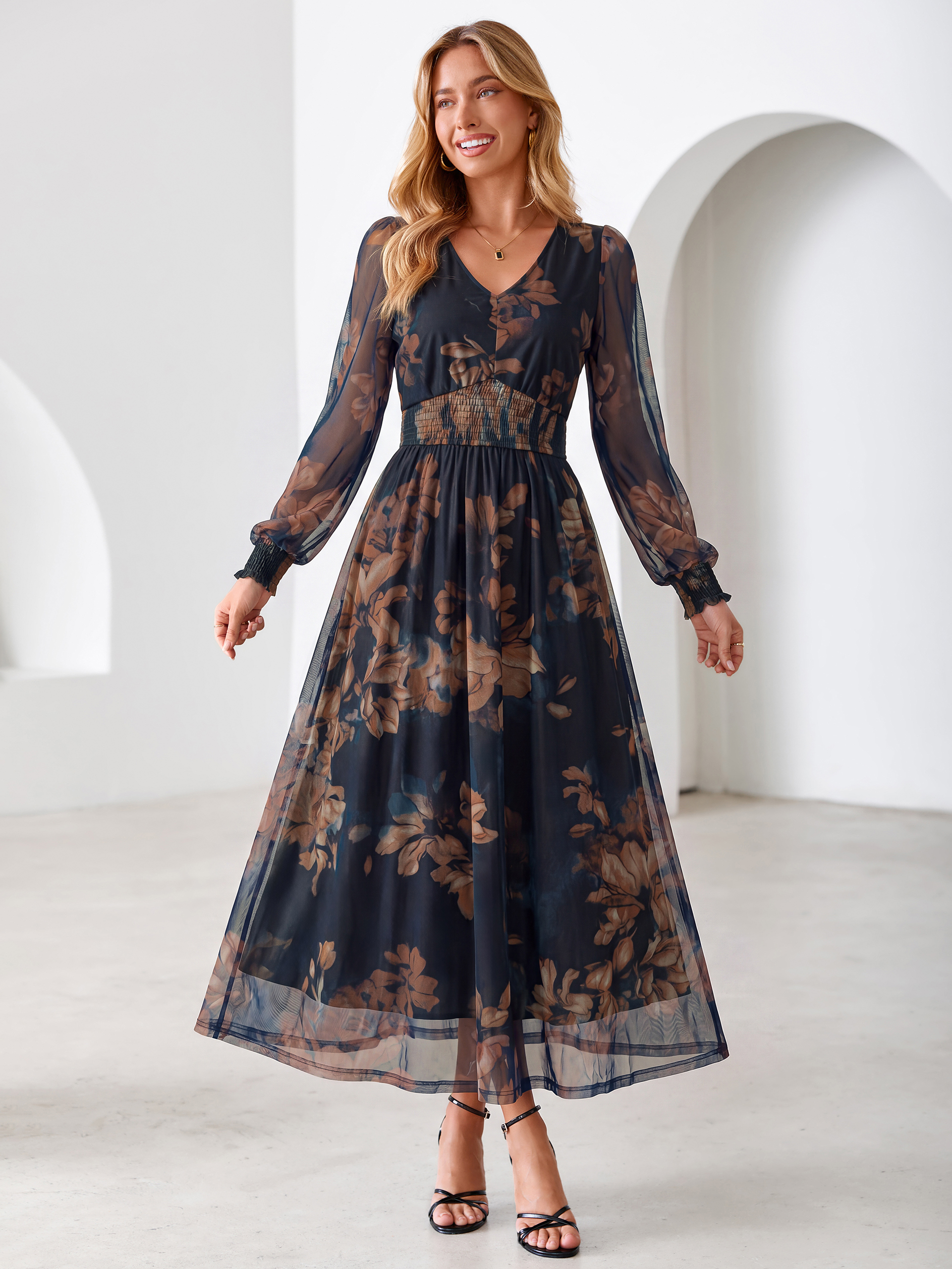Romantic Floral Tulle Smocked Maxi Dress